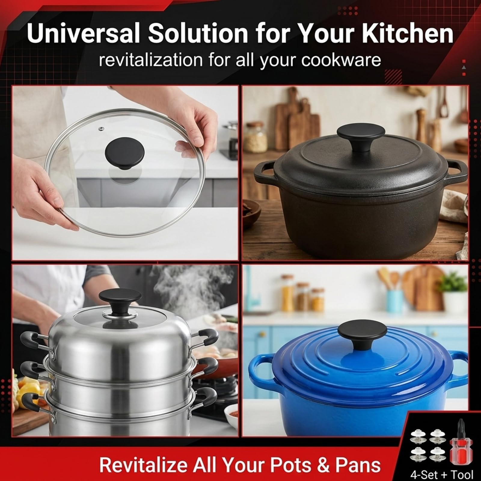 Set da 4 Manopole Universali per Coperchio Pentola con Cacciavite Incluso - Pomelli di Ricambio Resistenti al Calore per Coperchi in Vetro, Padelle e Tegami, Plastica Robusta, Nero - 4
