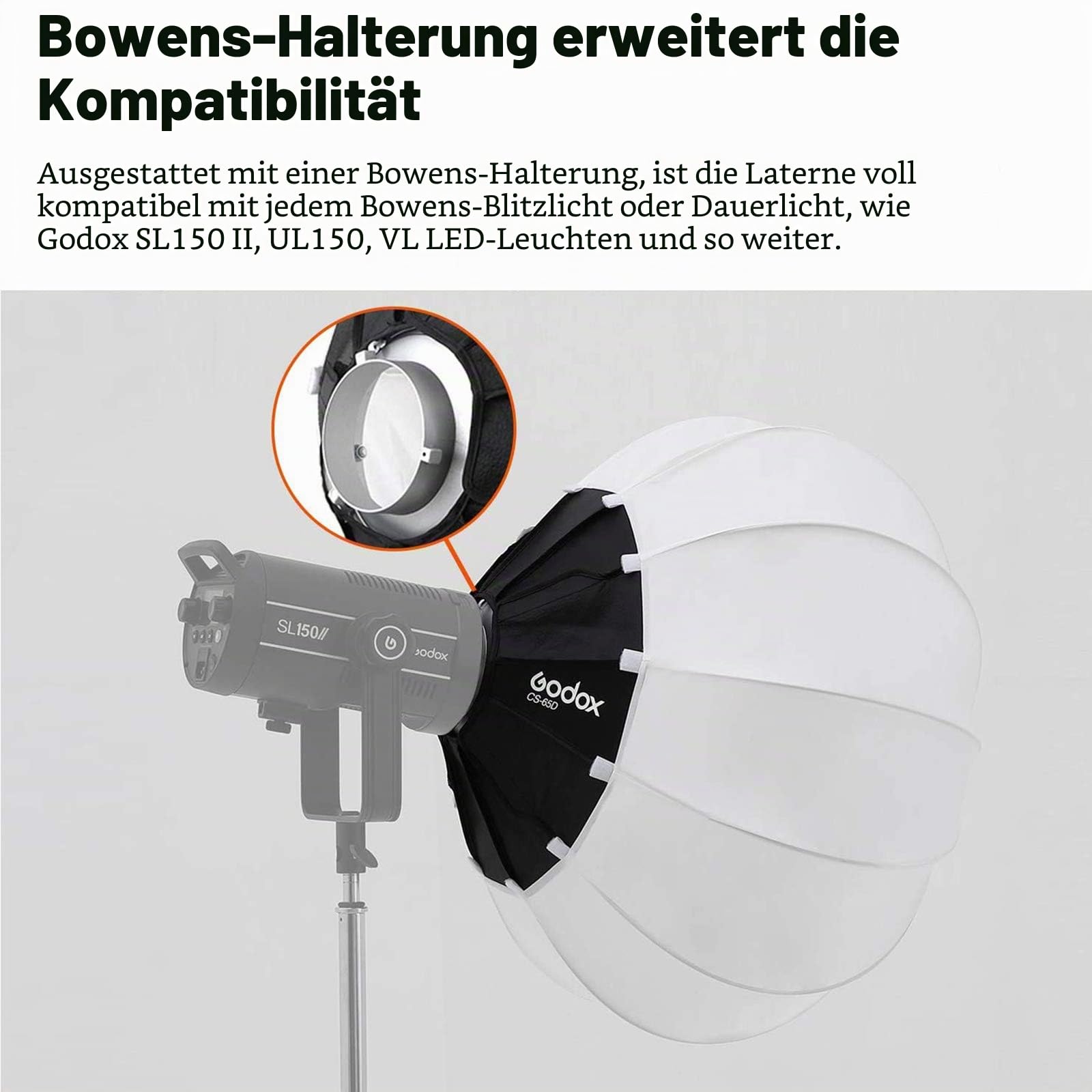Godox CS-65D Laternen Softbox 65cm,Bowens-Halterung,Schnell zu installieren | Zusammenklappbar,Globus-Softbox für Foto, Porträt, Studio, Video, kontinuierliche Beleuchtung, Fotografie