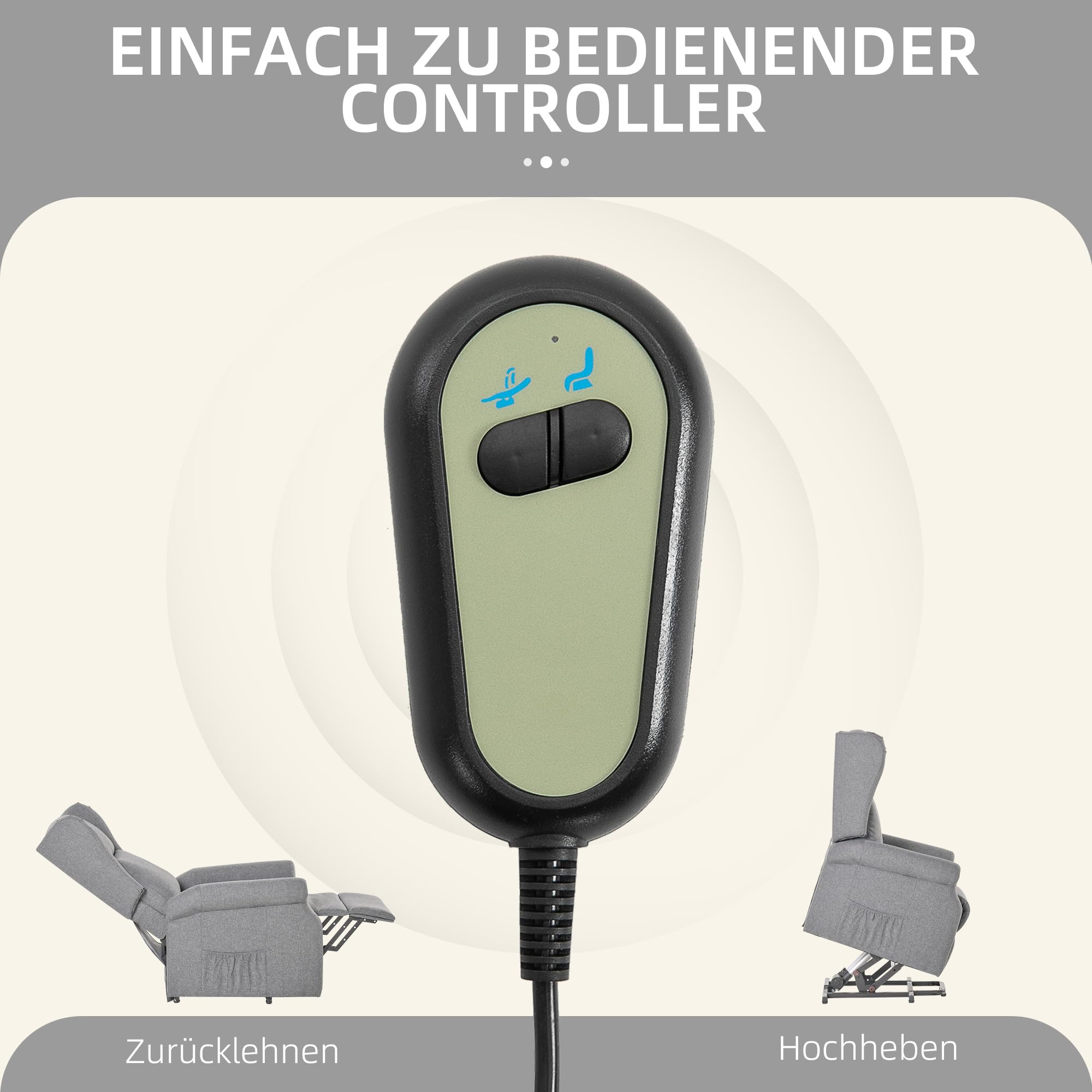 HOMCOM Fernsehsessel mit Aufstehhilfe Elektrisch Relaxsessel mit Liegefunktion, TV-Sessel mit Fernbedienung Seitentasche Leinenoptik Grau