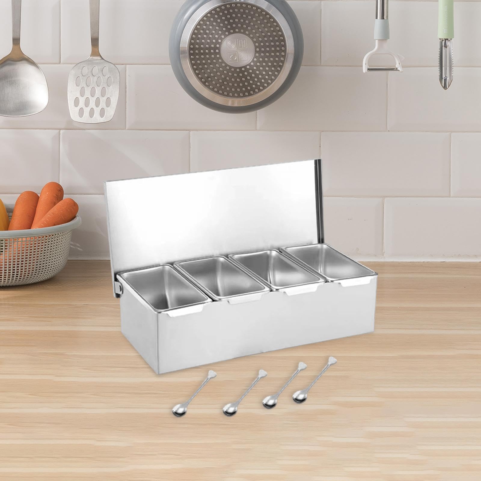 3 Piezas Recipiente para Condimentos Caja Especias Juego Organizador Cocina Acero Inoxidable con Tapa Extraíble Compartimientos Múltiples Adecuado Par, 4 Rejillas