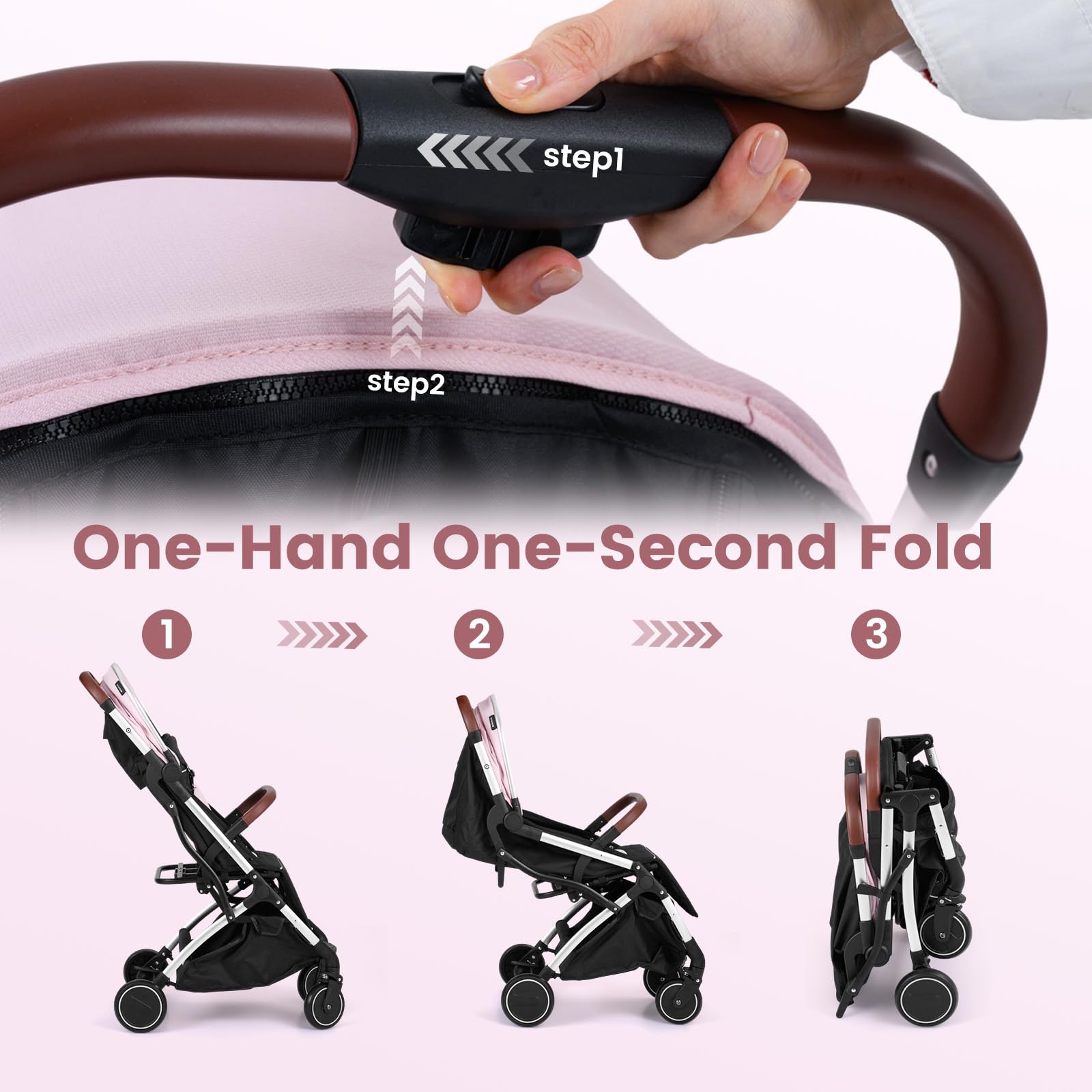 INFANS Travel Stroller, Lightweight Compact Baby Stroller for Airplane with One-Hand Fold, Multi-Position Recline, Canopy, 4 Wheel Suspension, Storage Basket (Pink+Silver) - 5