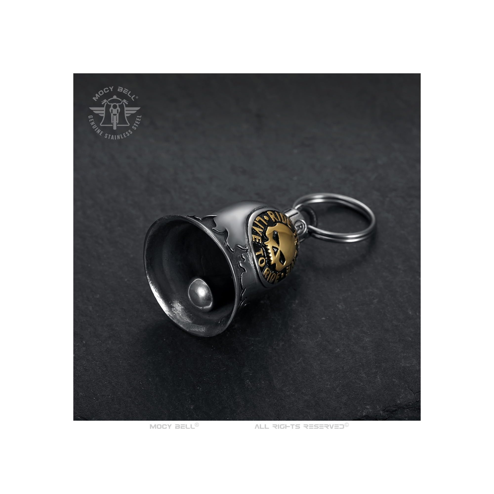 Clochette Moto Porte-bonheur MOCY BELL - Acier Inoxydable 316L, Modèle Skull Live To Ride