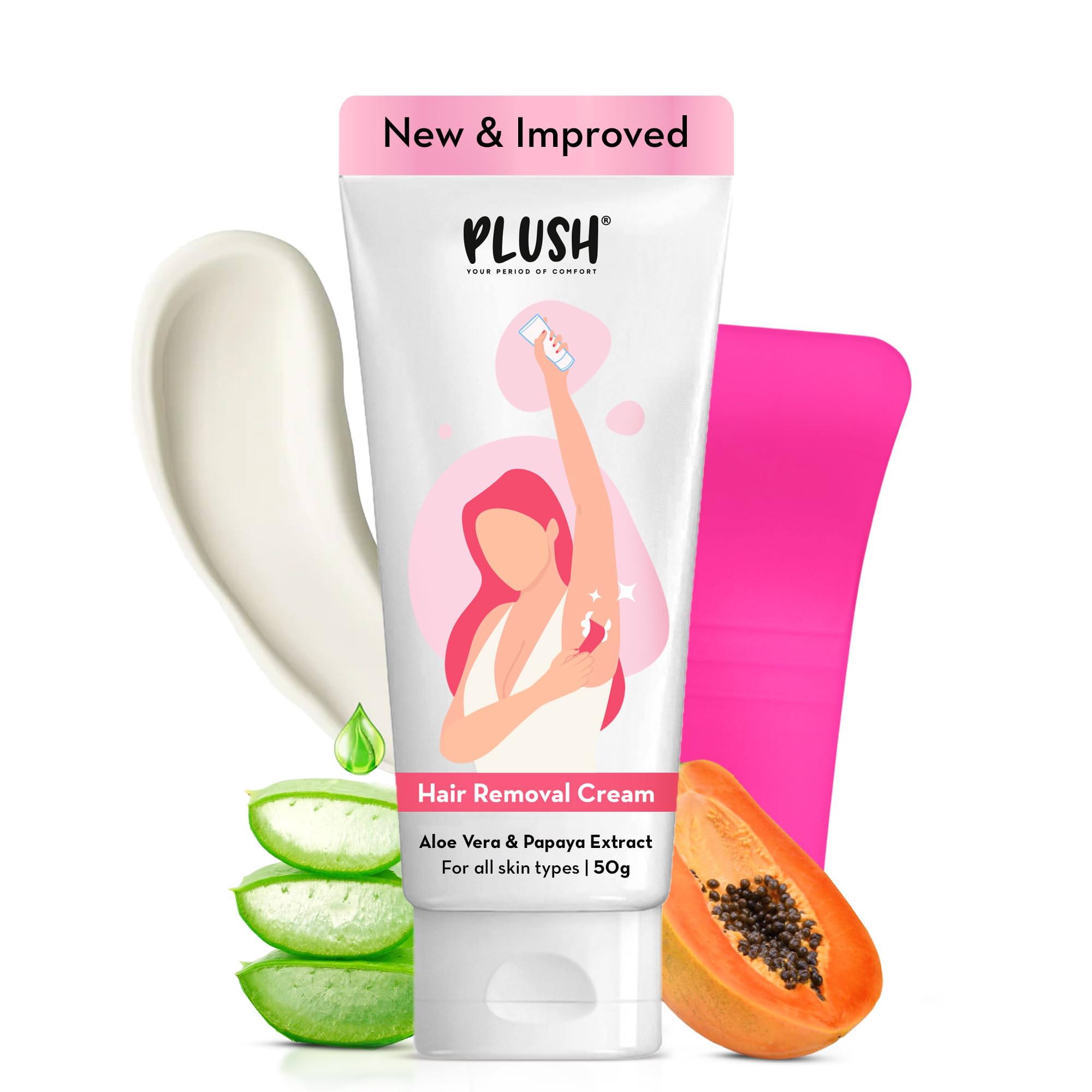 Plush 10-min Hair Removal Cream for Women, 50g | Aloe Vera & Papaya Extracts | Suitable for All Skin Types |No Skin Darkening | For Hands, Underarms, Legs & Bikini Line | Cruelty-Free & Nourishing
