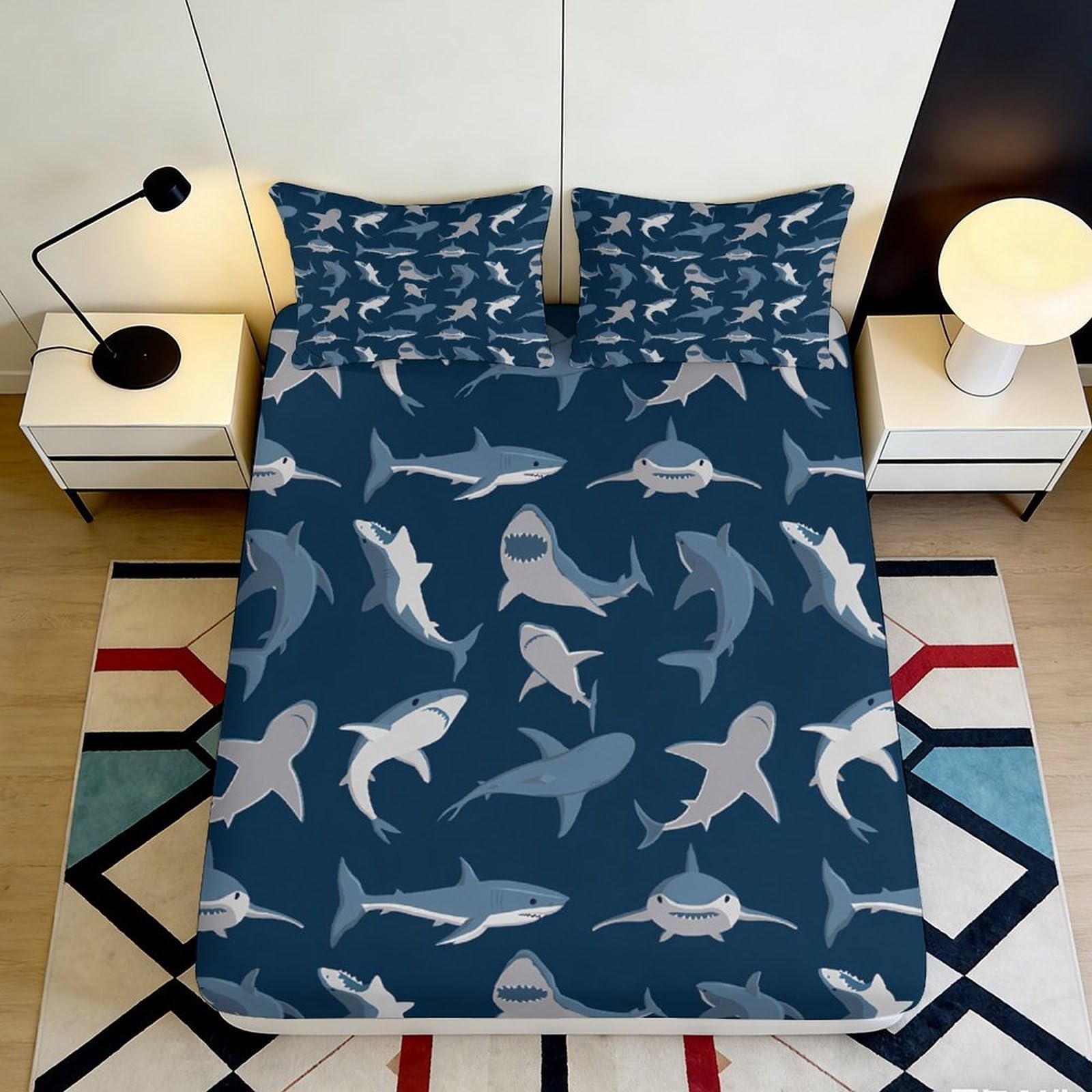 3D Printed Shark Pattern Fitted Sheet Microfiber Soft Navy Blue Ocean Fish Bed Sheet for Bedroom Dorm Mattress Cover 90x200x25cm