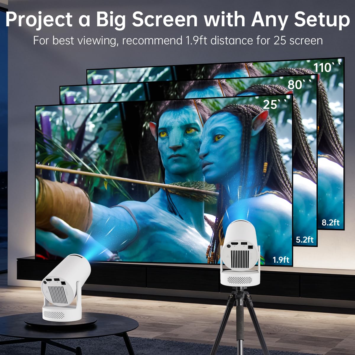 【Built-in Apps】Mini Projector with Wifi and Bluetooth, Support 4K, Portable Projector, 5W Sound Base Speaker, 200 ANSI, Android, Auto Vertical Keystone 210° Rotatable Proyector — view 5
