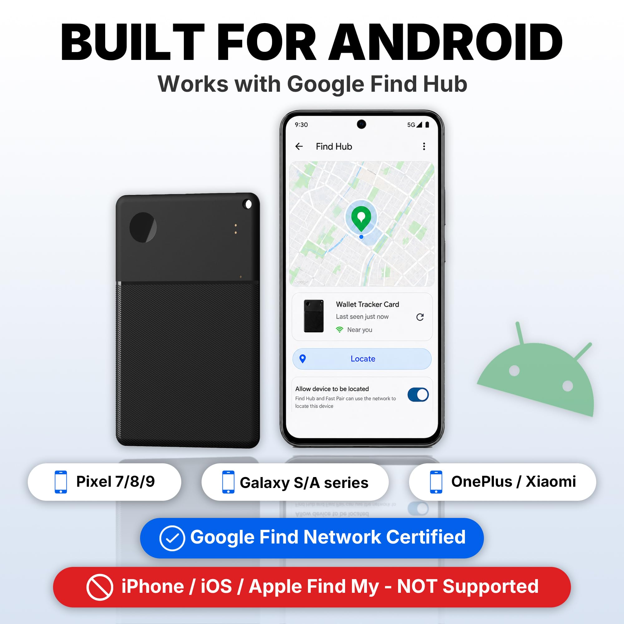 Wallet Tracker-Karte für Android, ultradünn, 2,5 mm Bluetooth-Karten-Tracker, 5 Jahre Akku, lauter 115 dB Locator für Geldbörse, Reisepass, Gepäck, funktioniert mit Google Find Hub (nur Android)