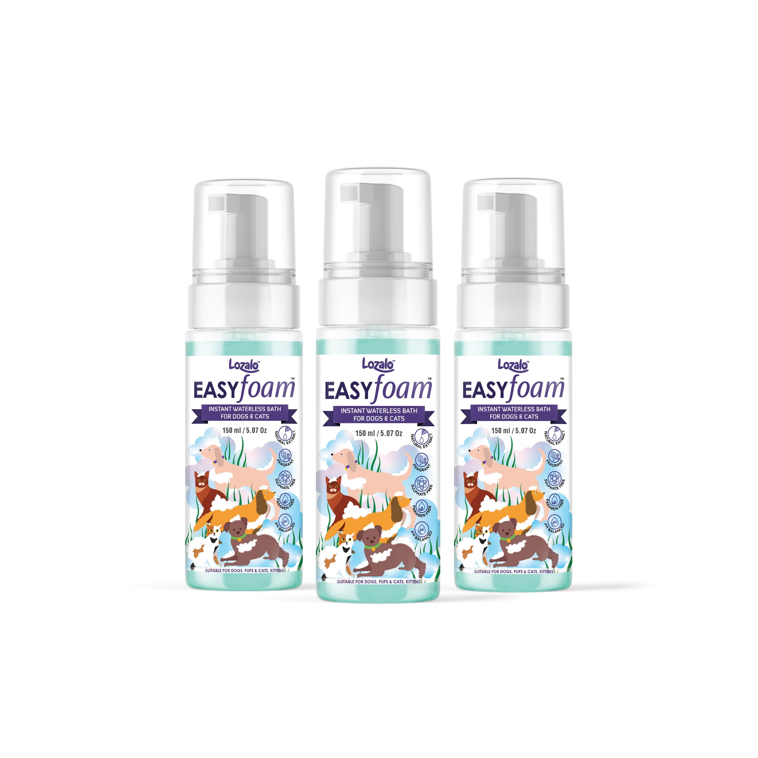 Lozalo Easy Foam Waterless Pet Shampoo - 450ml, Pack of 3x150ml | Foam Based Shampoo for Waterless Bath of All Breeds of Dogs & Pups | Sulphate Free, Paraben Free, pH Balanced, with Shikakai Extract (B0CWGWSCLZ) Amazon Price History, Amazon Price Tracker