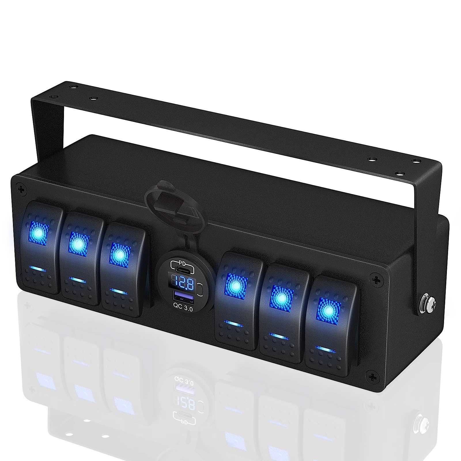 Interruptores marinos, Caja de interruptor basculante de 6 unidades, impermeable, 12 V, SPST, encendido/apagado, panel de interruptores de luz LED con doble salida USB PD3.0 y puerto USB QC3.0 for aut