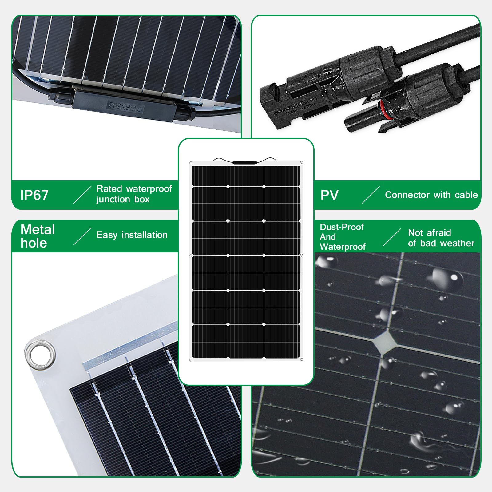 Kit de panel solar flexible de 500 W, 5x100W12 Vpanel solar fotovoltaico resistente al agua controlador solar de 50A, cable de 3m y cable de clip para batería de 12V (kit de panel solar de 500W)