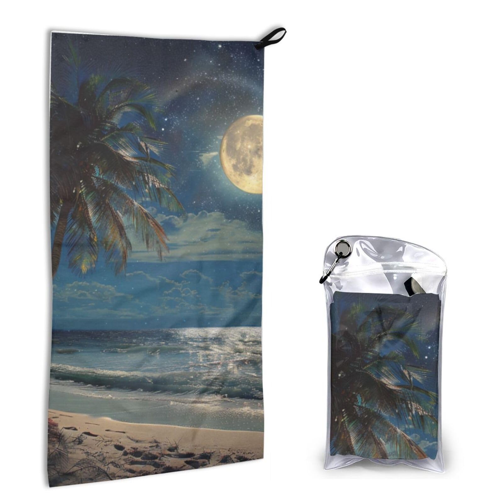 BWWHCCTI Quick Dry Hand Towel With Bag - Tropical Beach Palm Tree with Moon Printed Super Absorbent Face Cloth Microfiber Travel Sports Towels 40x80cm