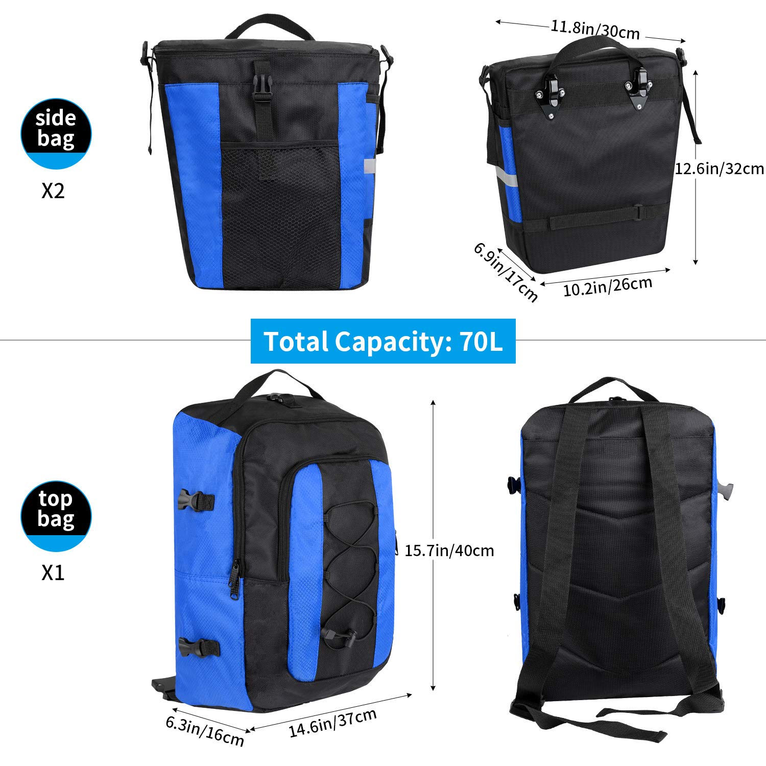 PELLOR Fahrrad Gepäcktaschen, 3 in 1 Multifunction 70L Gepäckträger Tasche Reißfest Groß Fahrradtaschen mit Regen-Abdeckung
