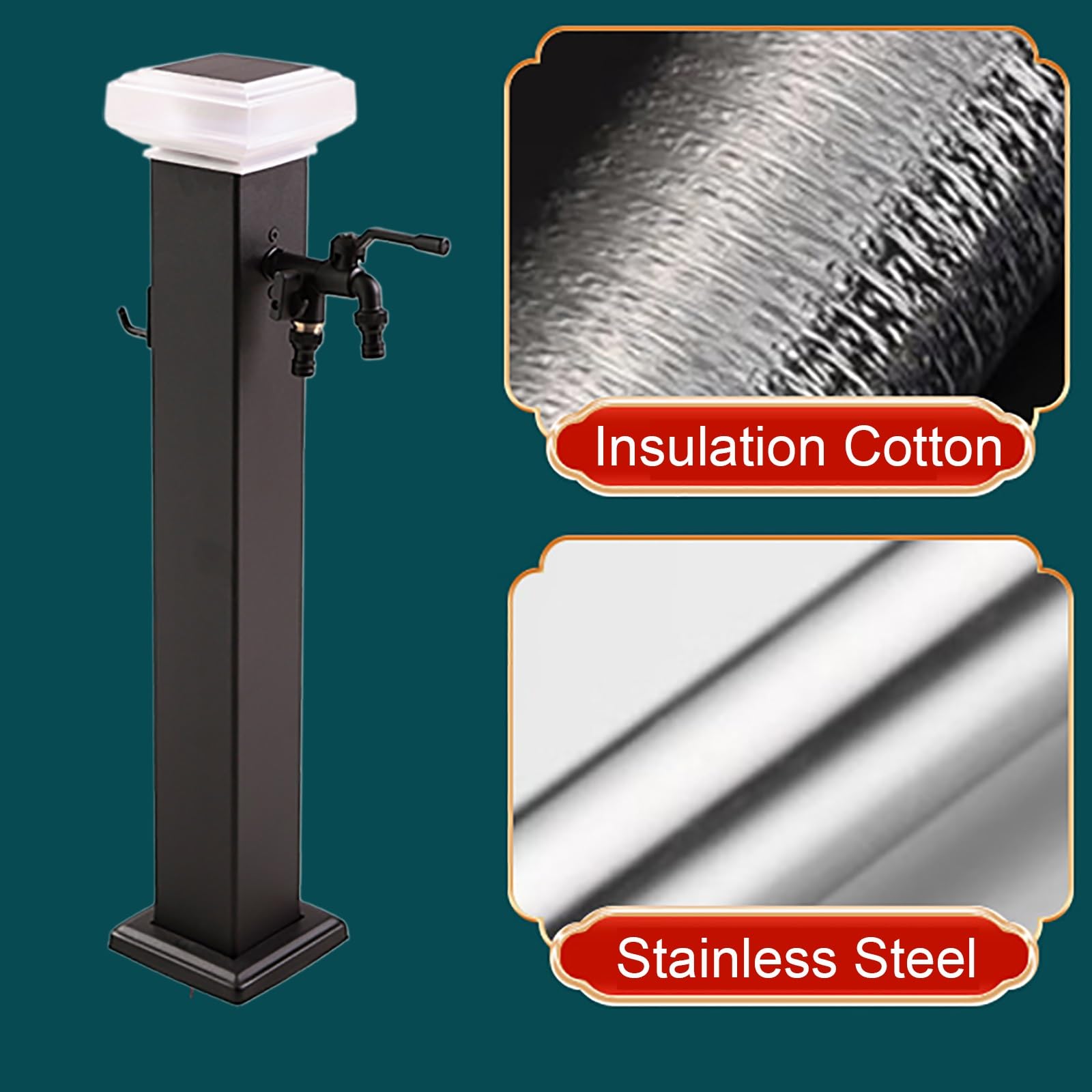 Colonna per irrigazione da giardino a energia solare, supporto per tubo in acciaio inox con doppio rubinetto, palo verticale per irrigazione da giardino, resistente al gelo, erogatore d'acqua da