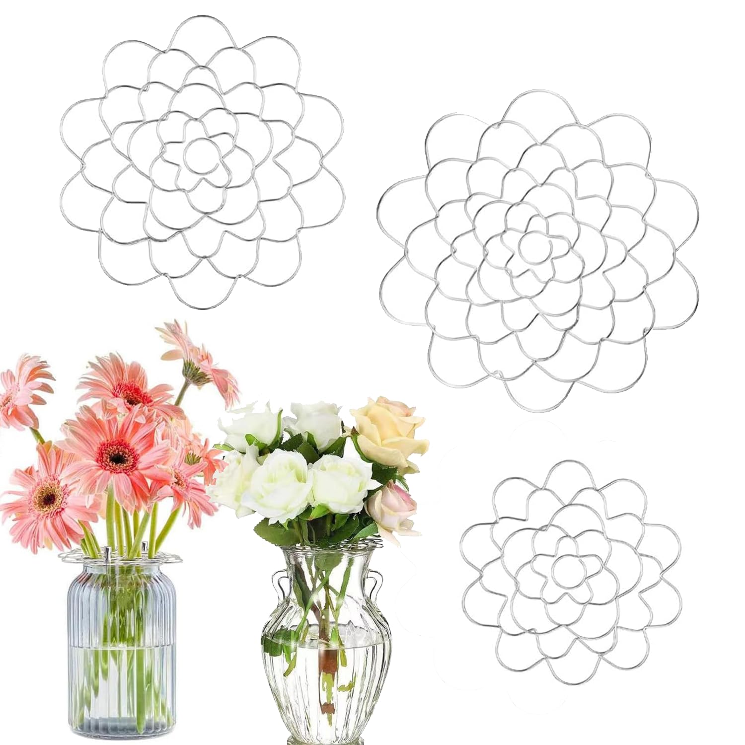 Paquete de 3 herramientas de organización de flores de metal, rejilla de silicona reutilizable para organizar flores, rejilla floral para jarrón para jarrón, tallos florales y ramos de
