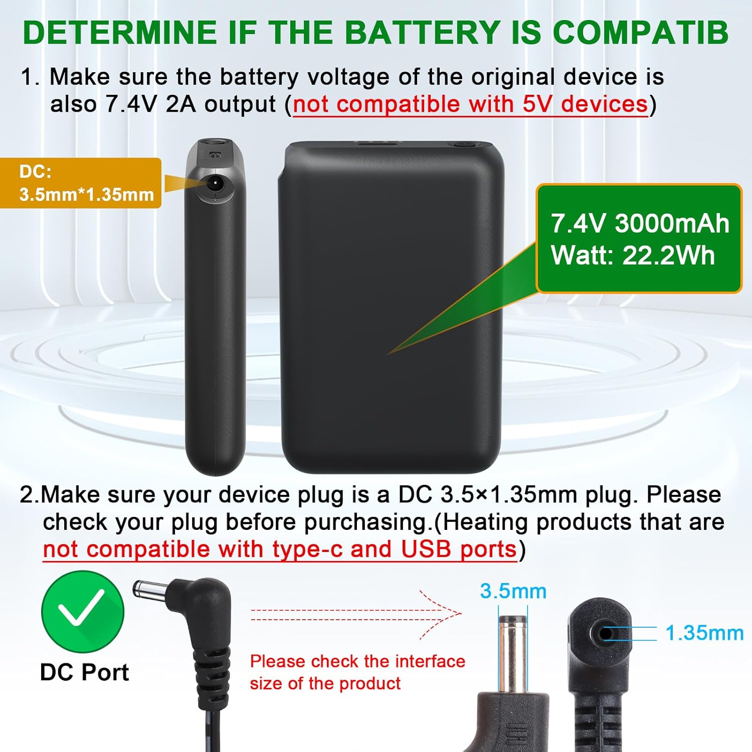 Amiable 7.4V 2A 3000mAh Li-Polymer Rechargeable Batteries for 3.5mm Female DC Jack, Heated Slippers Battery Pack,Batteries for Heated Gloves,Extend Battery for Heated Socks, Heated Insoles Hat - Image 3