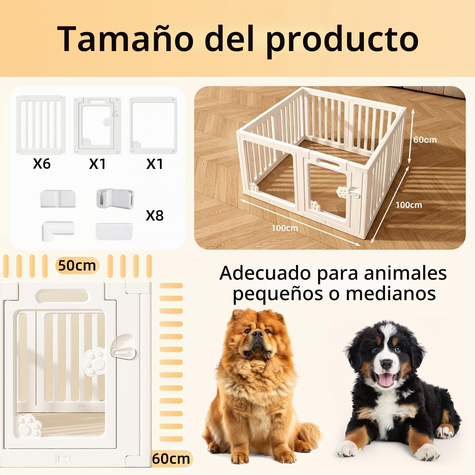 Parque para Perros de Acrílico, 8 Paneles (Altura 60 cm), Corralito Transparente para Cachorros con Puerta con Cierre y Base con Ventosas, Valla Interior para Perros Pequeños, Gatos y Conejos