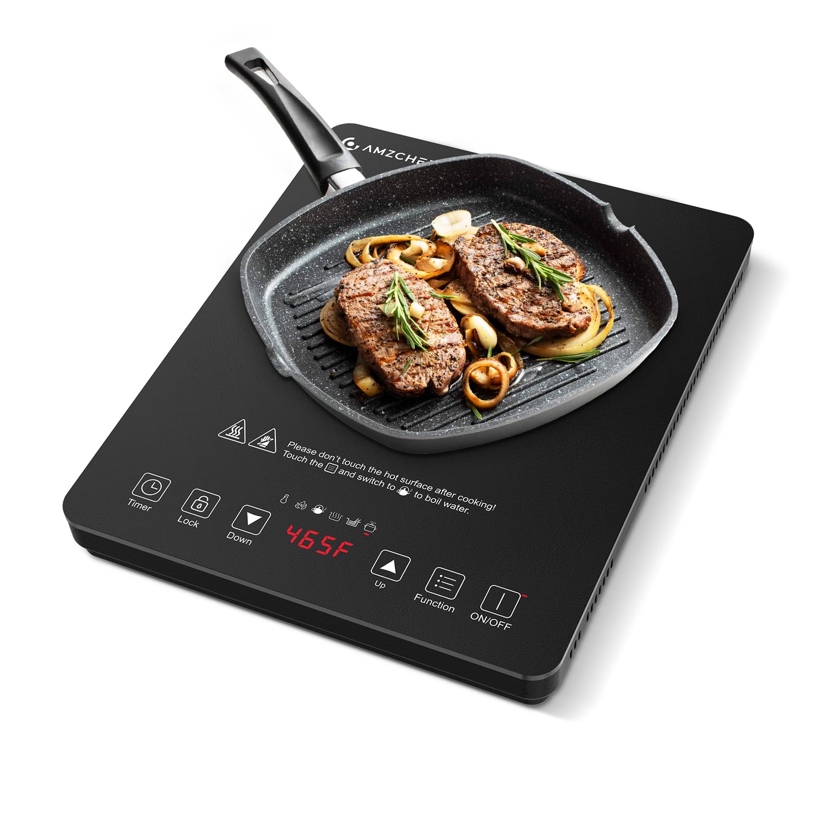 AMZCHEF 1800W Induction Cooktop with dimensions 280mm/11.02" width and 350mm/13.78" length, and 45mm/1.78" height.