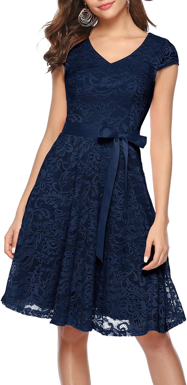 BeryloveWomen's Short Lace Bridesmaid Dress Formal Cocktail Party Dress Cap Sleeve Belt
