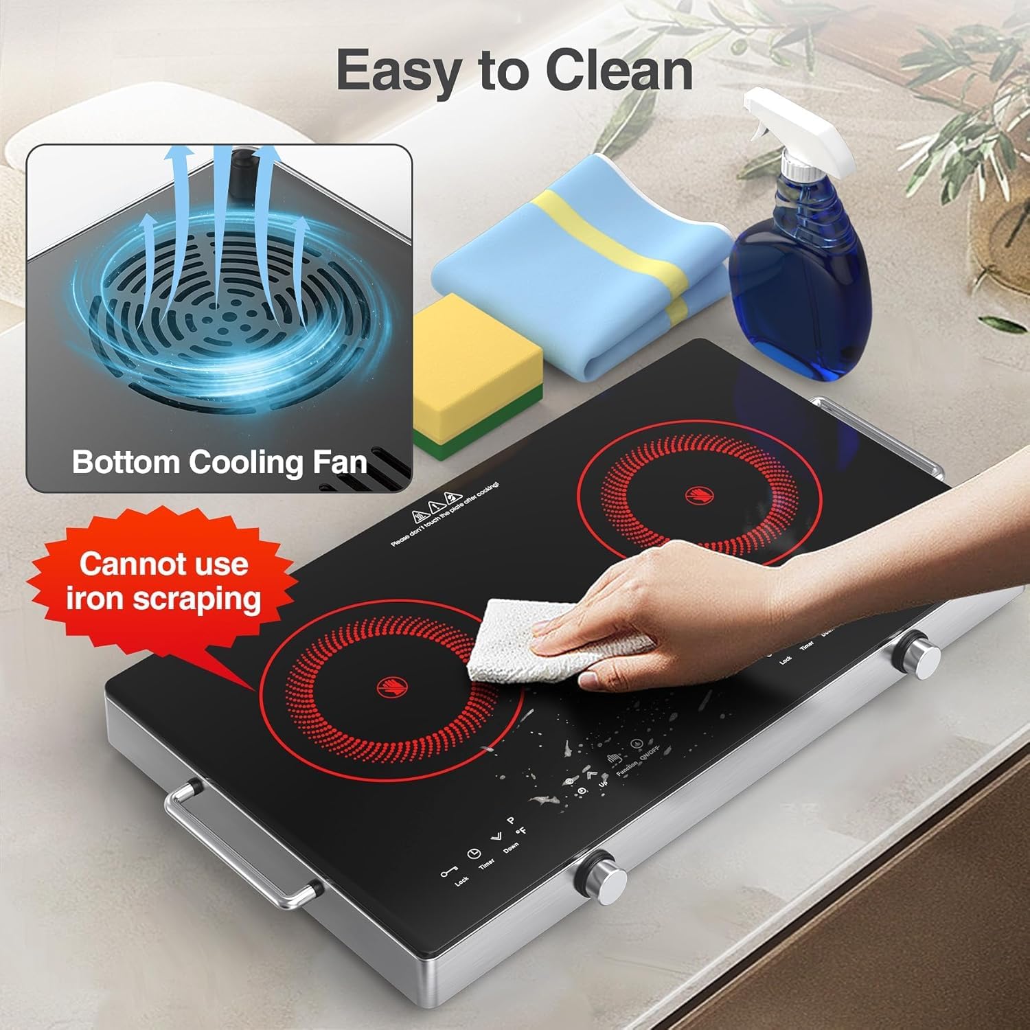 VBGK 2 Ring Electric Hob with Handle, 3520W Ceramic Hob 2 Zone, Double Electric Ceramic Hob Countertop, Safety Lock & 3H Timer, 220V-240V Plug in — view 7