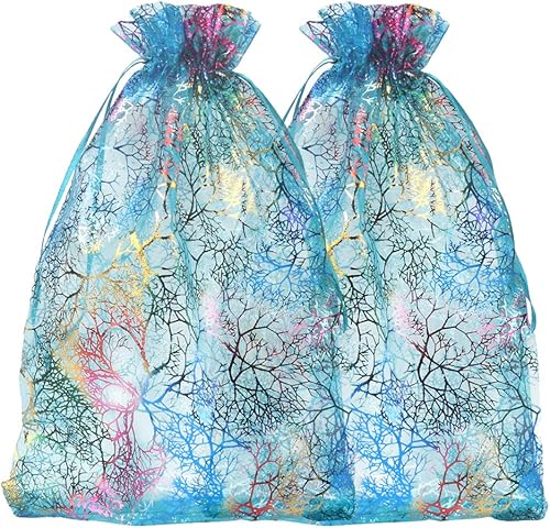 Miniatura 6 de Zwish Paquete de 50 bolsas de regalo de organza de 8 x 12 pulgadas, estilo azul coral para juguetes, dulces, chocolate, fiesta, Navidad, regalo de