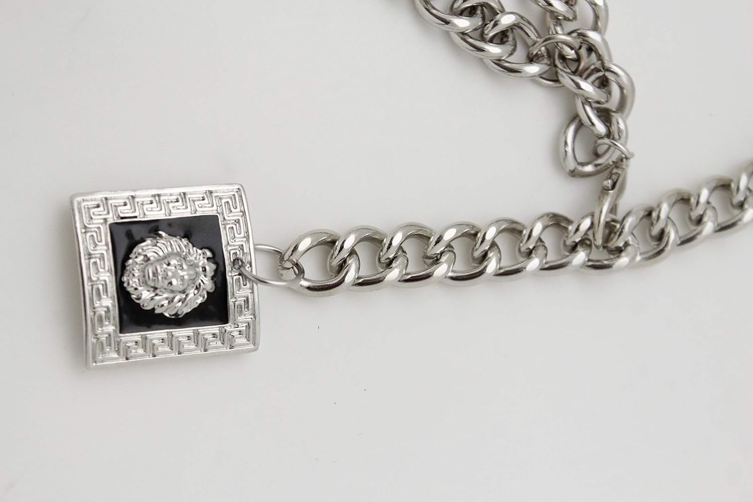 TFJ Women Fashion Skinny Belt High Waist Hip Silver Metal Lion Charm Buckle XS S M