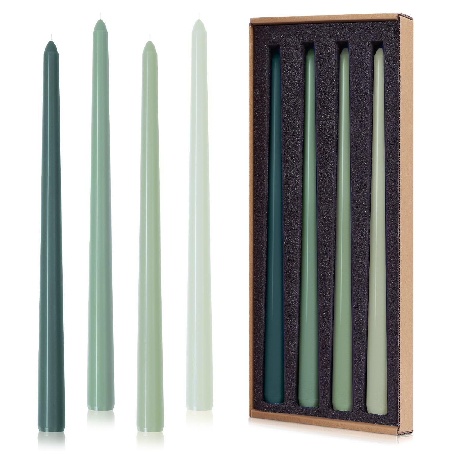 Taper Candles 12'' Tall Green Ombre Colored Candlesticks Set of 4 | Unscented 3/4 inch Diameter Candle Sticks| Candle for Mantle Home Decor Kitchen Wedding Decorations Centerpiece