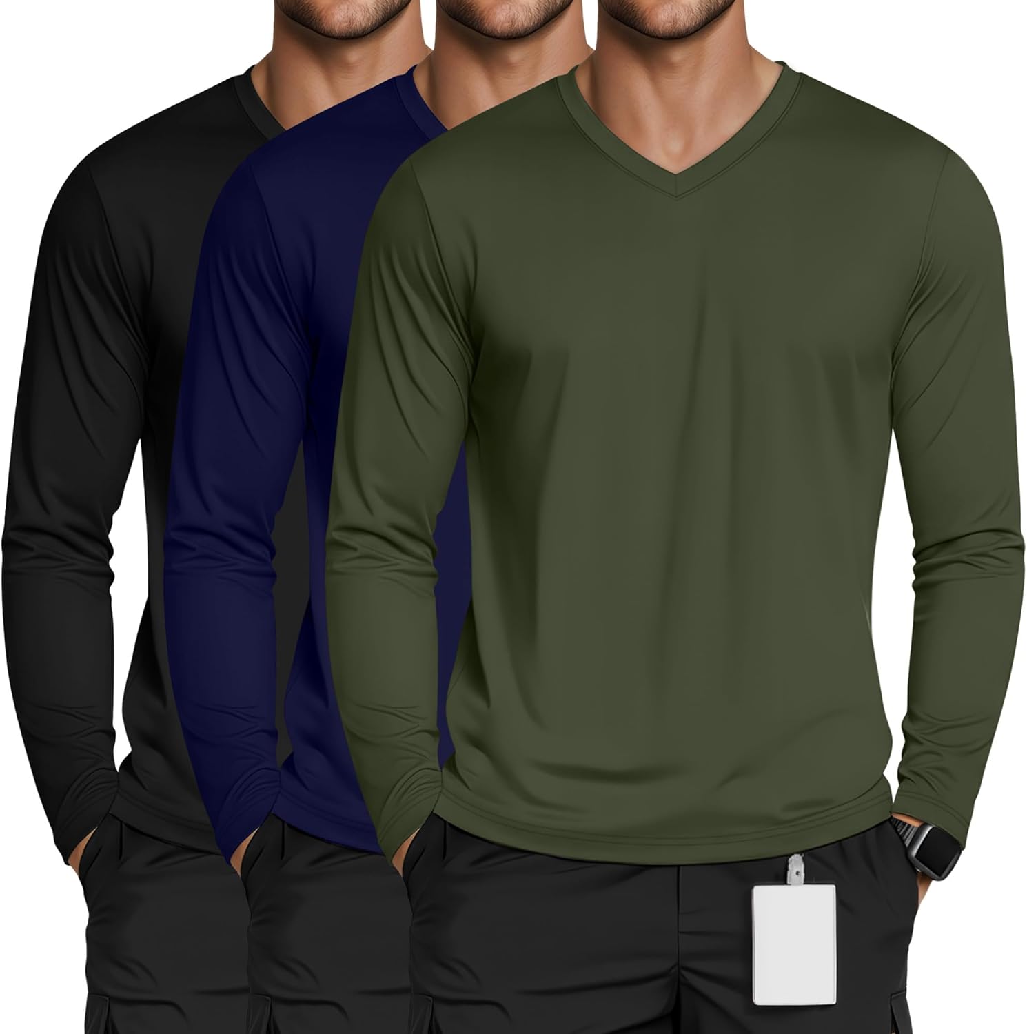 3 Pack Men's Long Sleeve Underscrub Nurse V Neck Scrub Undershirts Fitted Base Layer Tees for Medical Uniforms