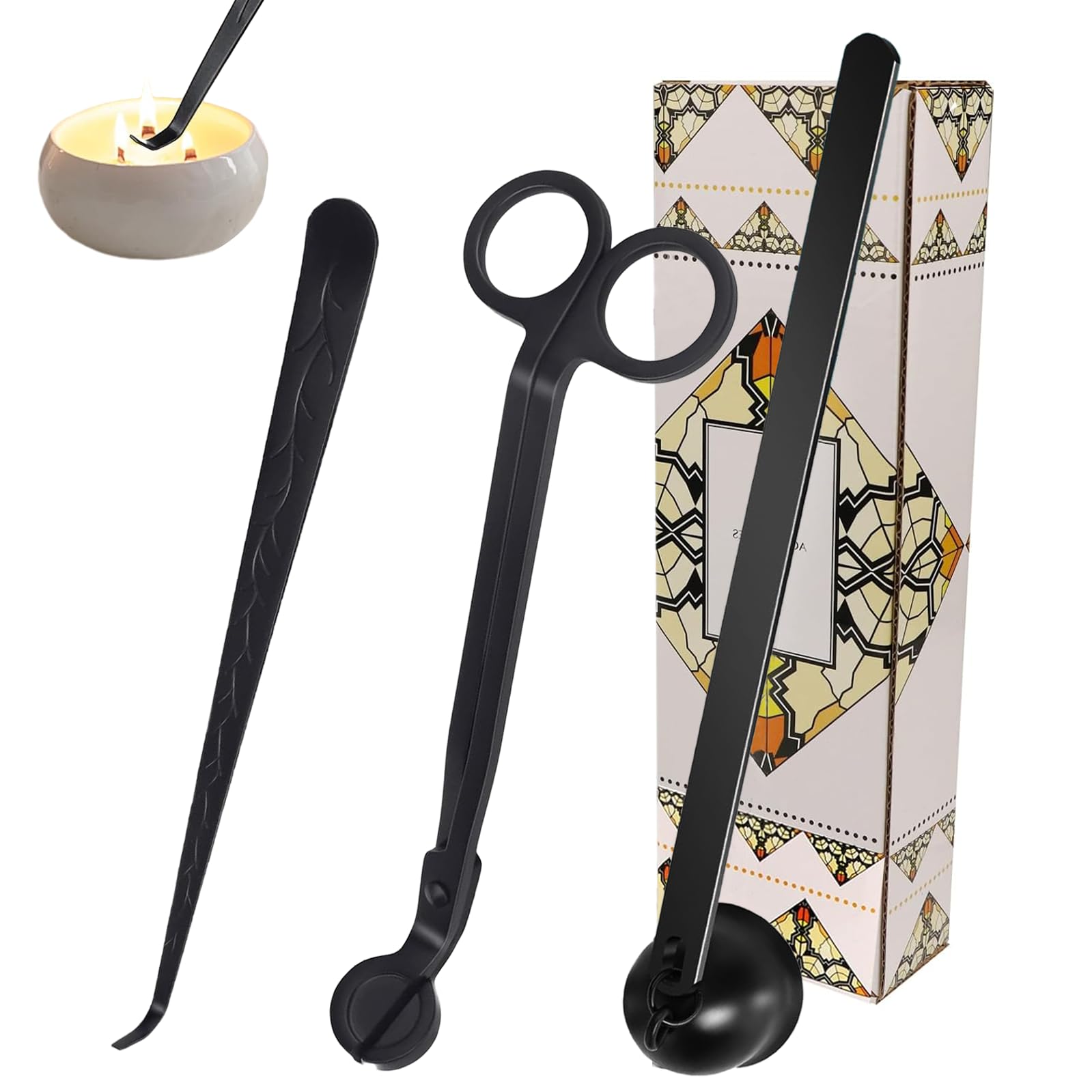 Ormromra 3 in 1 Candle Tools Accessory Set, Candle Wick Trimmer Cutter, Candle Wick Snuffer, Candle Wick Dipper, Candle Cover Tools Set With Gift Box for Candle lovers (Black)