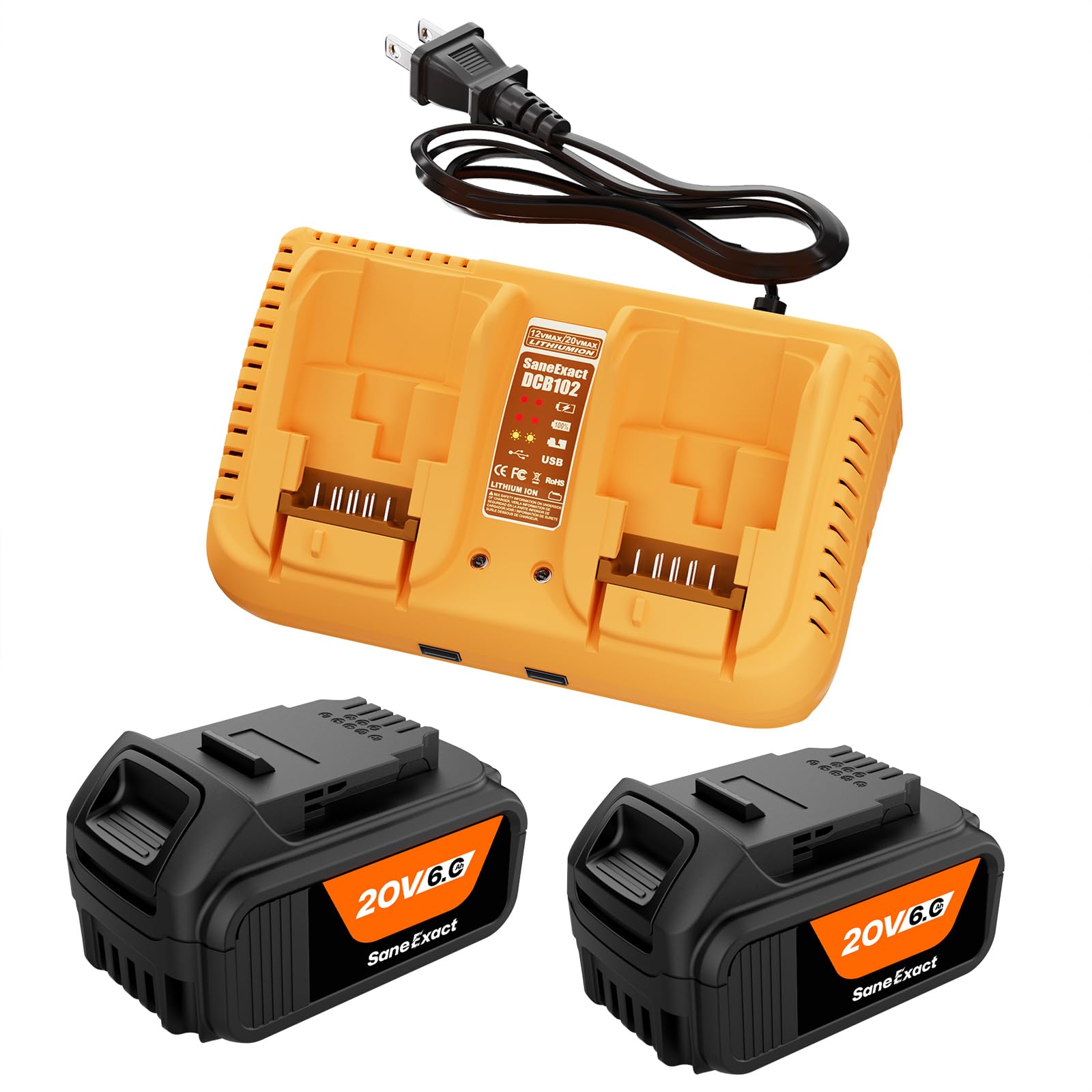 2 Pack 20V 6.0Ah Batteries for Dewalt 20v Max Battery and 2-Ports for Dewalt Battery Charger Replacement Charging Combo Kit Compatible with OEM 20v Batteries and Power Tools