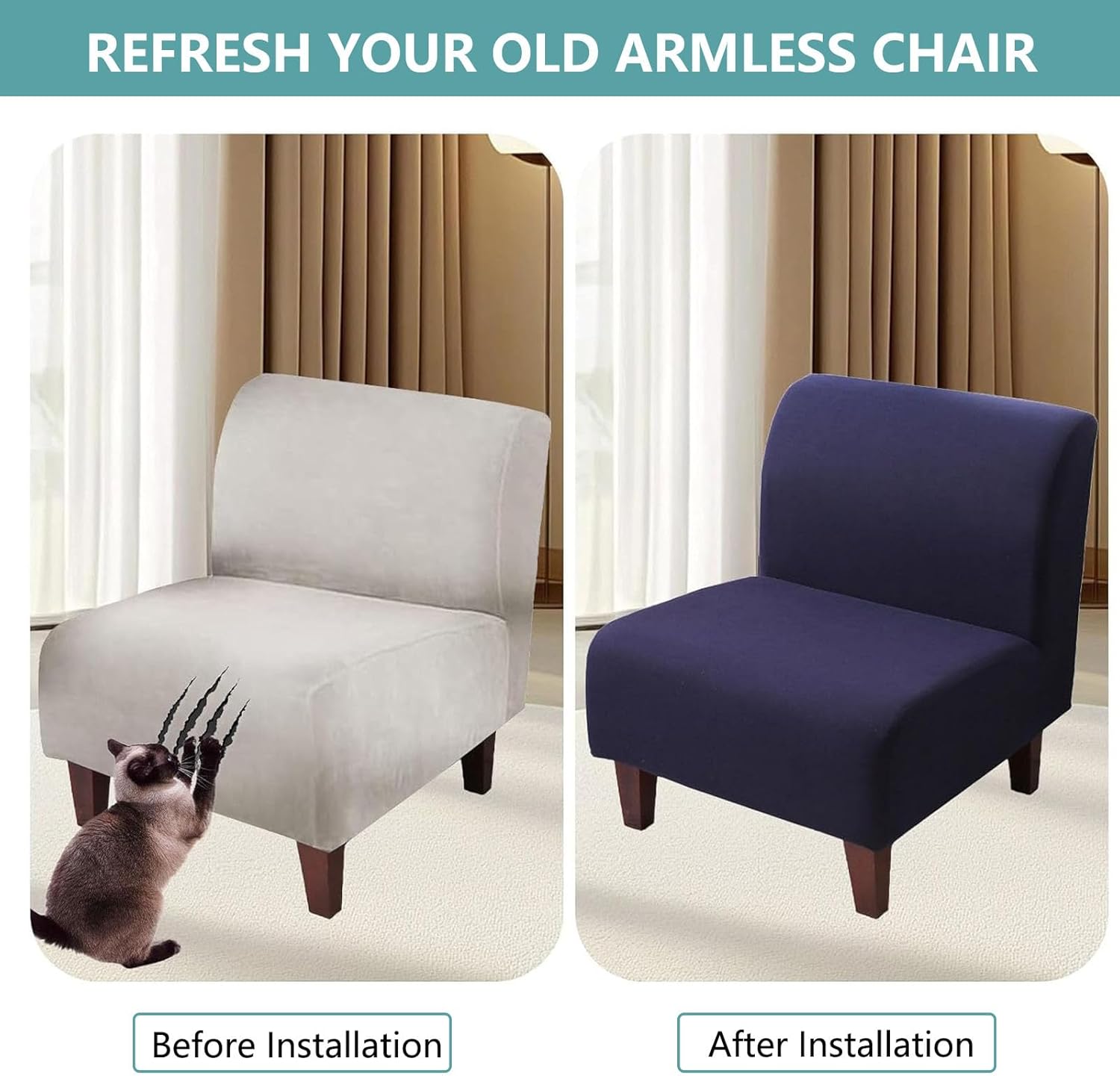 Elastic Armless Chair Cover, Wrinkle-Resistant Fabric, Suitable for Various Chair Types(Navy Blue,2pcs)