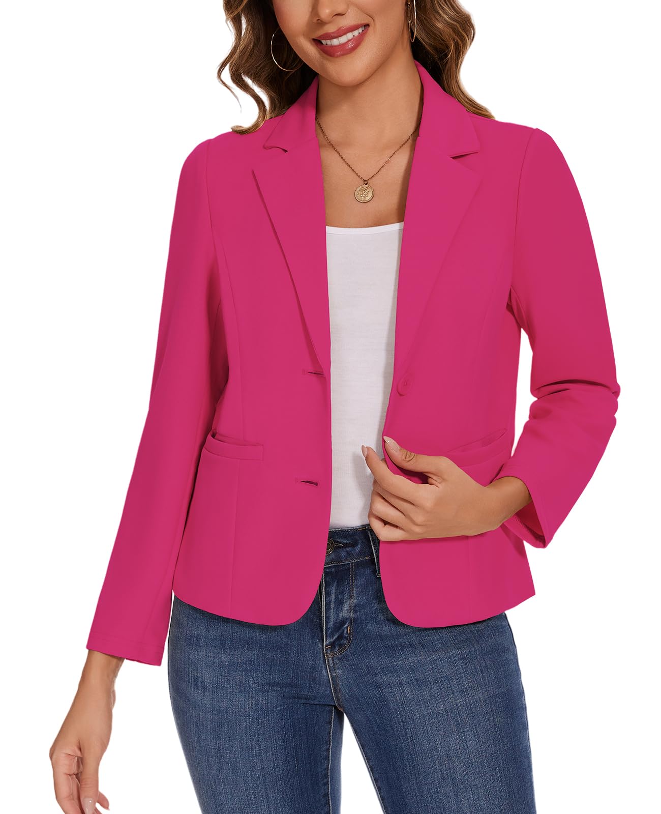 Womens Blazer Jackets Buttons Open Front Long Sleeve Notch Collar Professional Suit Blazers with Pockets