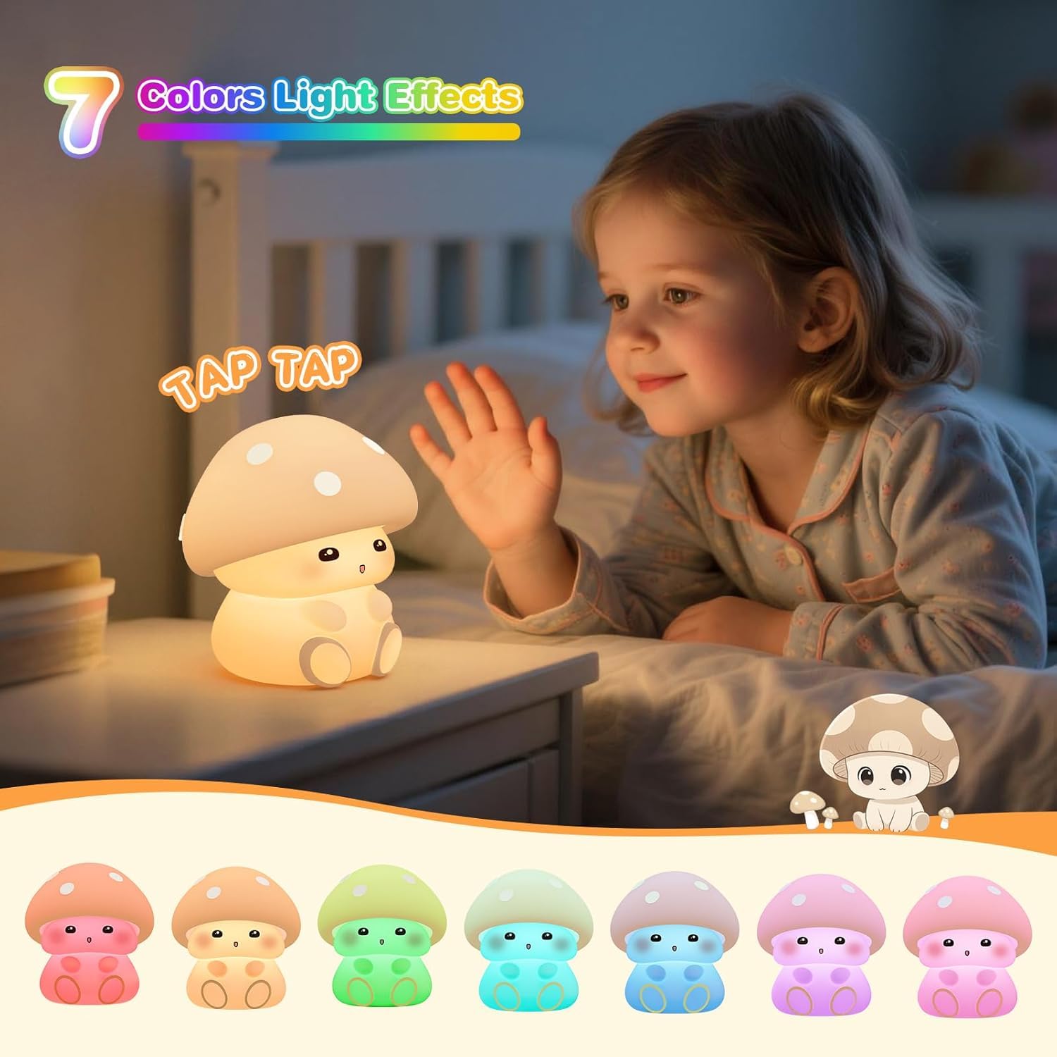 OOWOKS Lampada da notte a forma di fungo in silicone per bambini luminosità regolabile bianco caldo e modalità a 7 colori lampada da comodino per neonati lampada LED dimmerabile per bambini