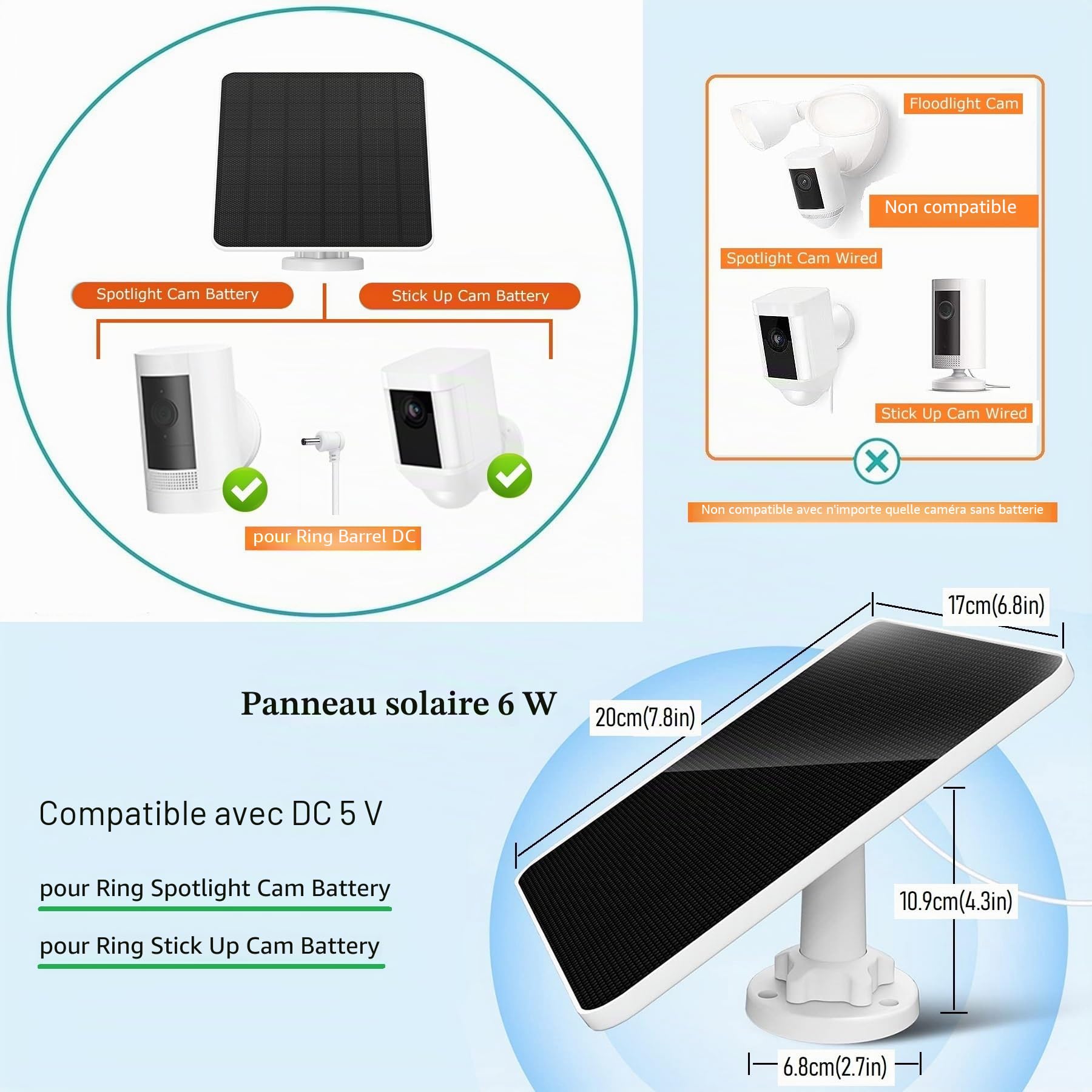 Panneau Solaire 6W pour Caméras Ring avec Câble de 3m (Lot de 2)