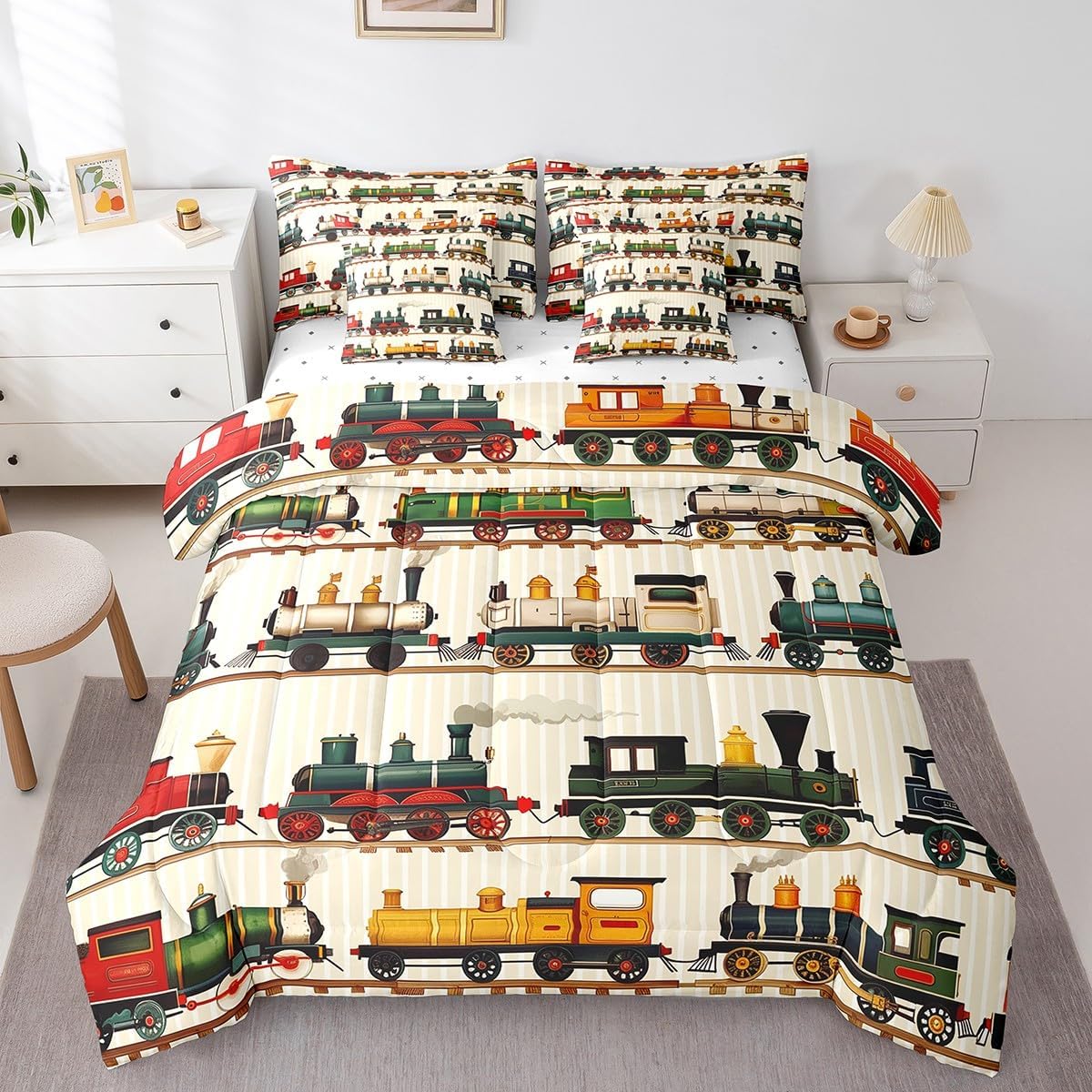 Vintage Train Comforter Set Full 7Pcs Retro Steam Engine Bedding Kids Colorful Steam Locomotive Train Transportation Vehicle Train Bed In A Bag With Comforter, Sheets, Pillowcases & Cushion Cover