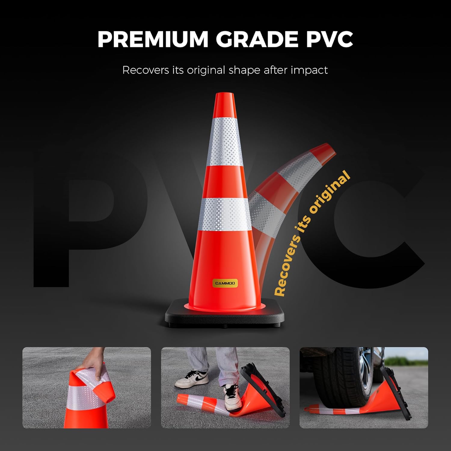 CAMMOO 8 Pack 28 Inch Traffic Cones with Black Base, from -22℉ to 131℉, MUTCD-Compliant Orange Safety Cone with Reflective Collar ＆ Extra Caution Tape for Parking Lot, Construction Work, Road Safety