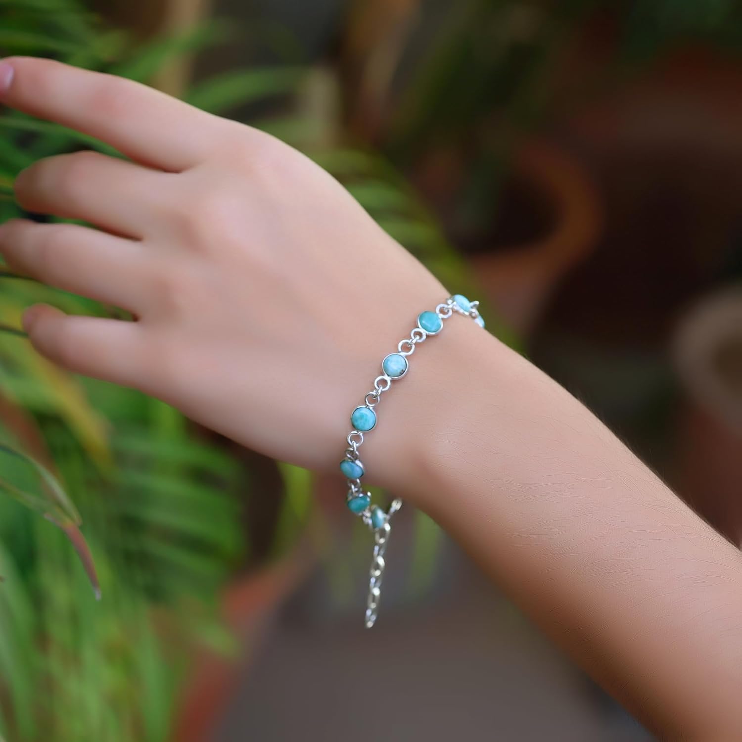 Genuine Larimar Cabochon Round 6mm Gemstones Link Bracelet for Women with 925 Sterling Silver Adjustable Bracelet 8" (Sky Blue)