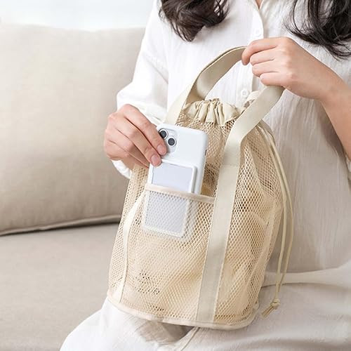 Miniatura 6 de Neceser de malla con diseño de cordón, organizador de ducha de malla de mano, plegable, ligera, para viajes, Púrpura claro