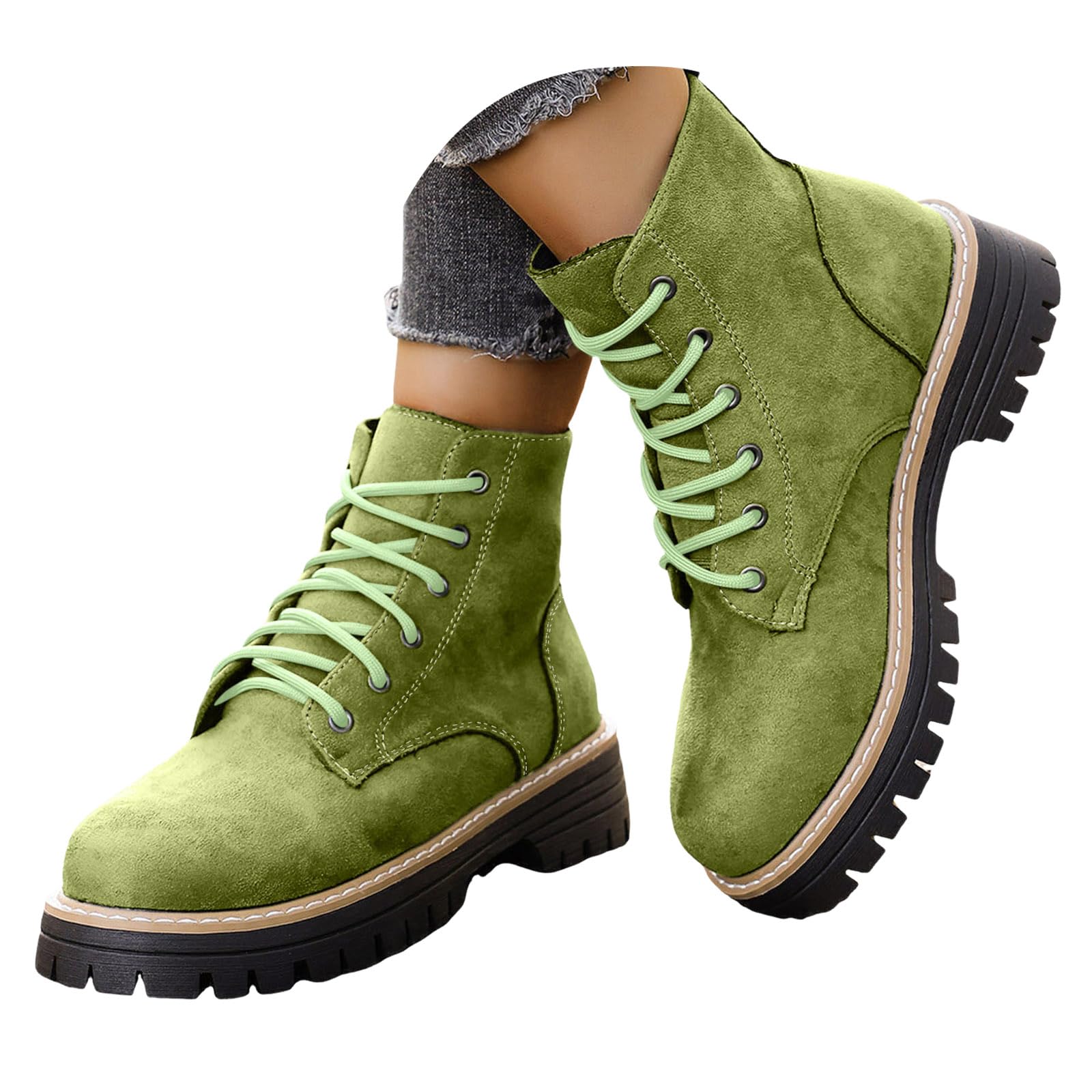Womens Fashion Ankle Boots Low Heels Chunky Lace-up Combat Boot Platform Lug Sole Non Slip Suede Short Boots
