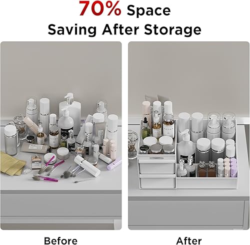 Miniatura 7 de Organizador de maquillaje para encimera, organizador de tocador con 2 cajones para cosméticos, cuidado de la piel, cepillos, perfume, organizador de