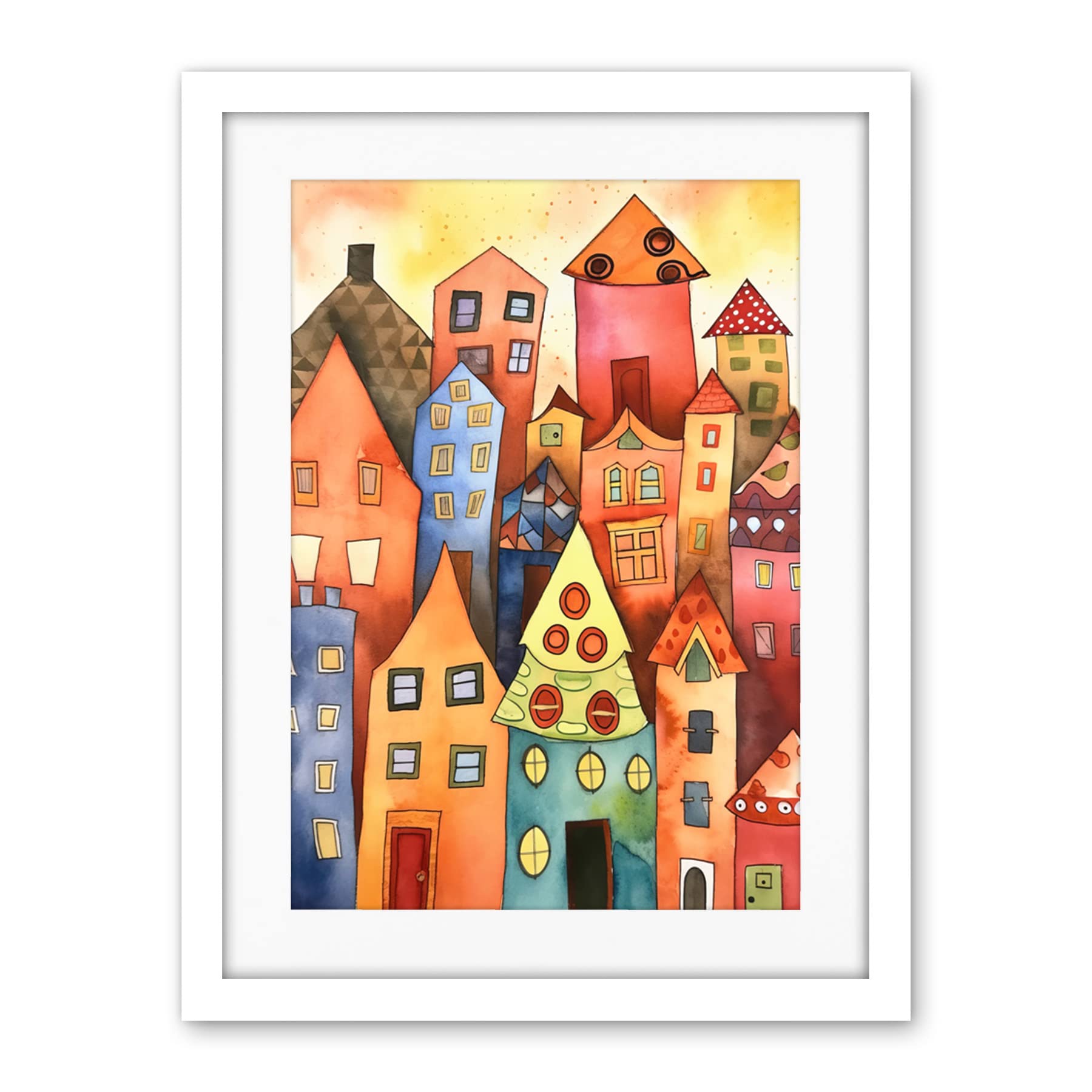 Artery8 Colourful Townscape Folk Art Watercolour Painting Artwork Framed Wall Art Print 18X24 Inch