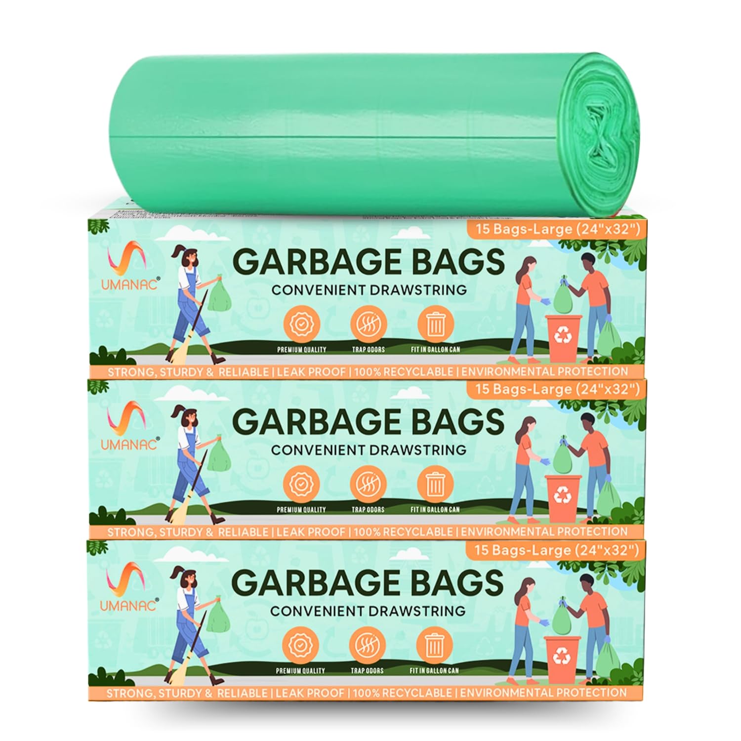Umanac Garbage Bags - 15N | Large (24x32) | Green Trash Bags | 100% Recyclable | Heavy Duty Dustbin Bags | Leak-Proof | Odour Control | Detachable Drawstring | Pack of 3 (B0DB1Z4HTT) Amazon Price History, Amazon Price Tracker