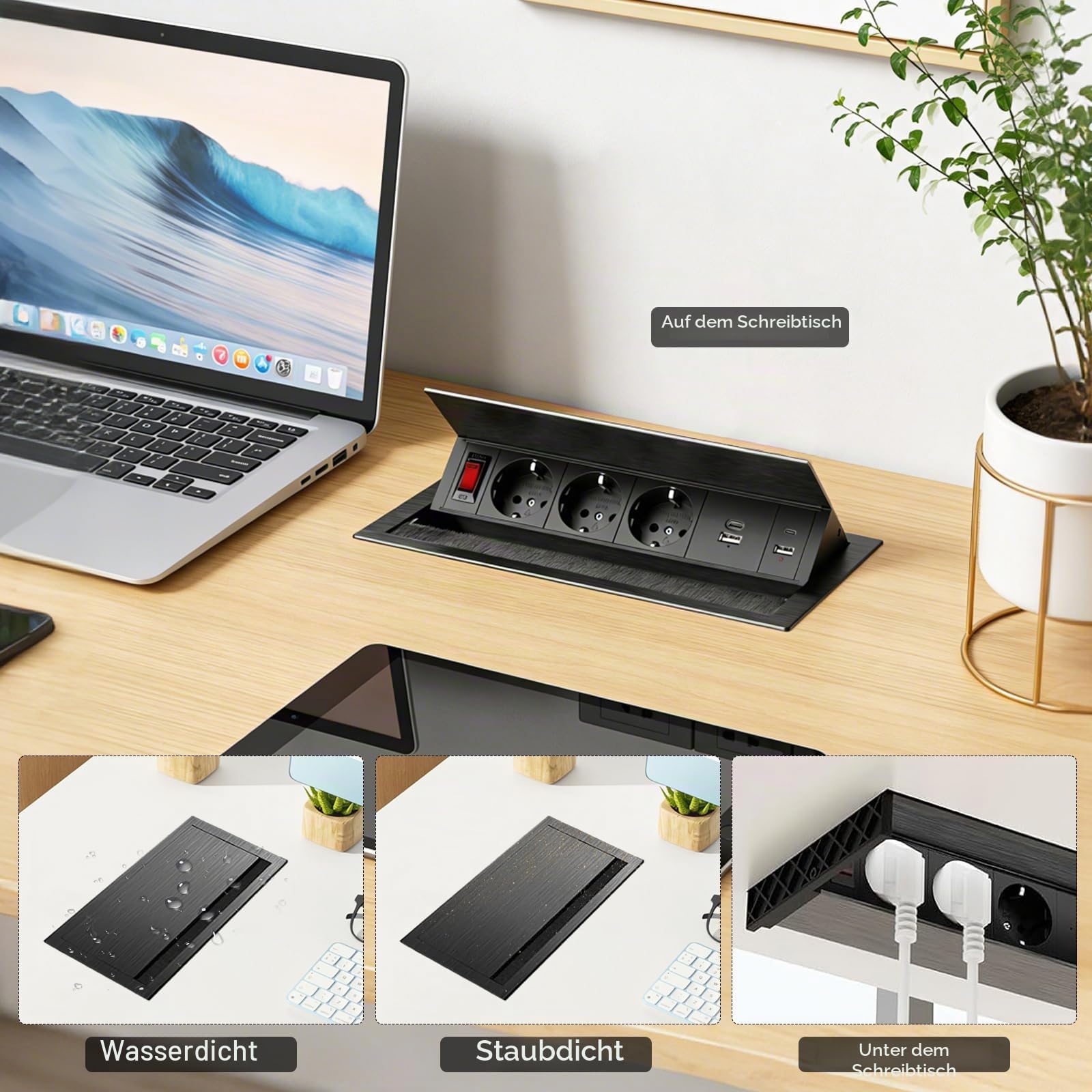 3 Fach Versenkbare Steckdosenleiste mit 2 Type-C PD 30W und 2 USB, Aluminium Einbausteckdose Versenkbar mit Schalter,Tischsteckdose Winkel Verstellbar für Küche, Arbeitsplatte,1,8M Kable