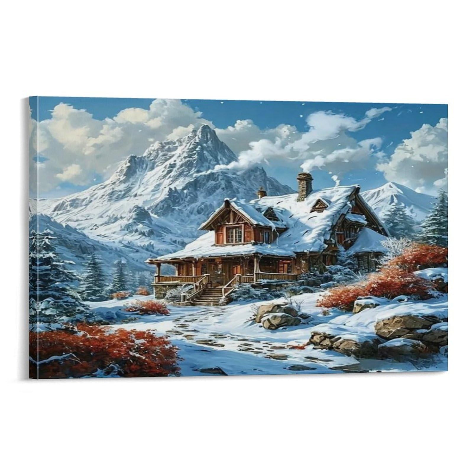 CPLVKWRQJ Snowy Mountain Cabin Individual Wooden Cabin Snowy Rocky Alpine Slope Canvas Print - Office Wall Art Fade Resistant Statement Piece Ready to Hang 16x24inch(40x60cm)