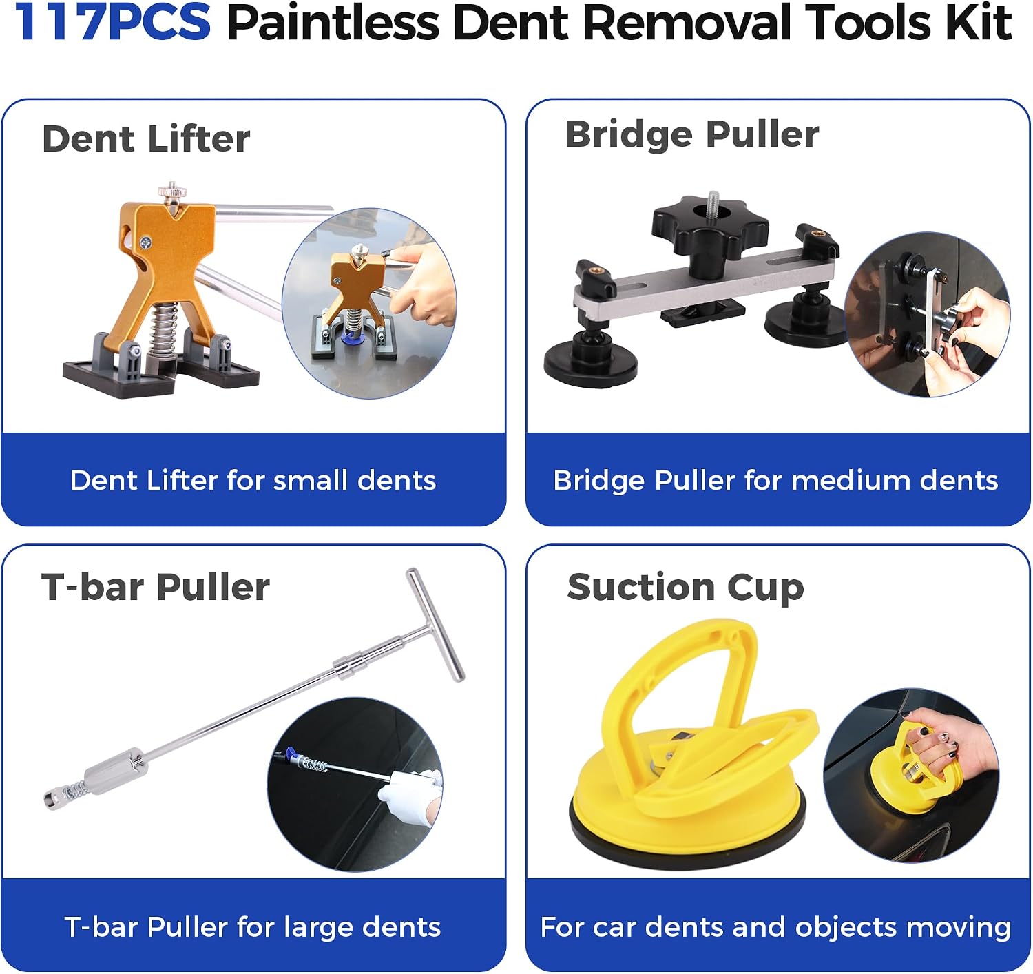 Dent Removal Kit, 117 PCS Paintless Dent Repair Kit with Golden Lifter, Bridge Puller, Slide Hammer T-bar Dent Puller, Car Repair Tool for Auto Body Dents