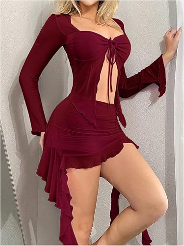 Miniatura 3 de SHENHE Conjunto de 2 piezas para rave, ombliguera de malla transparente dividida y falda con volantes de tiro bajo Y2K