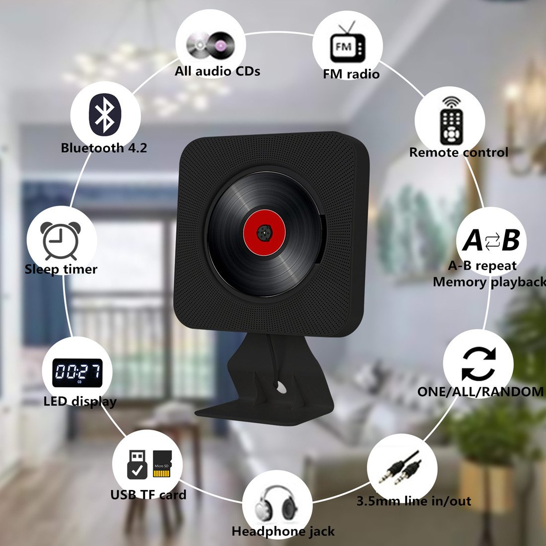 KECAG CD Player Wall Mountable Desk Bluetooth 4.2 with Display Sleep