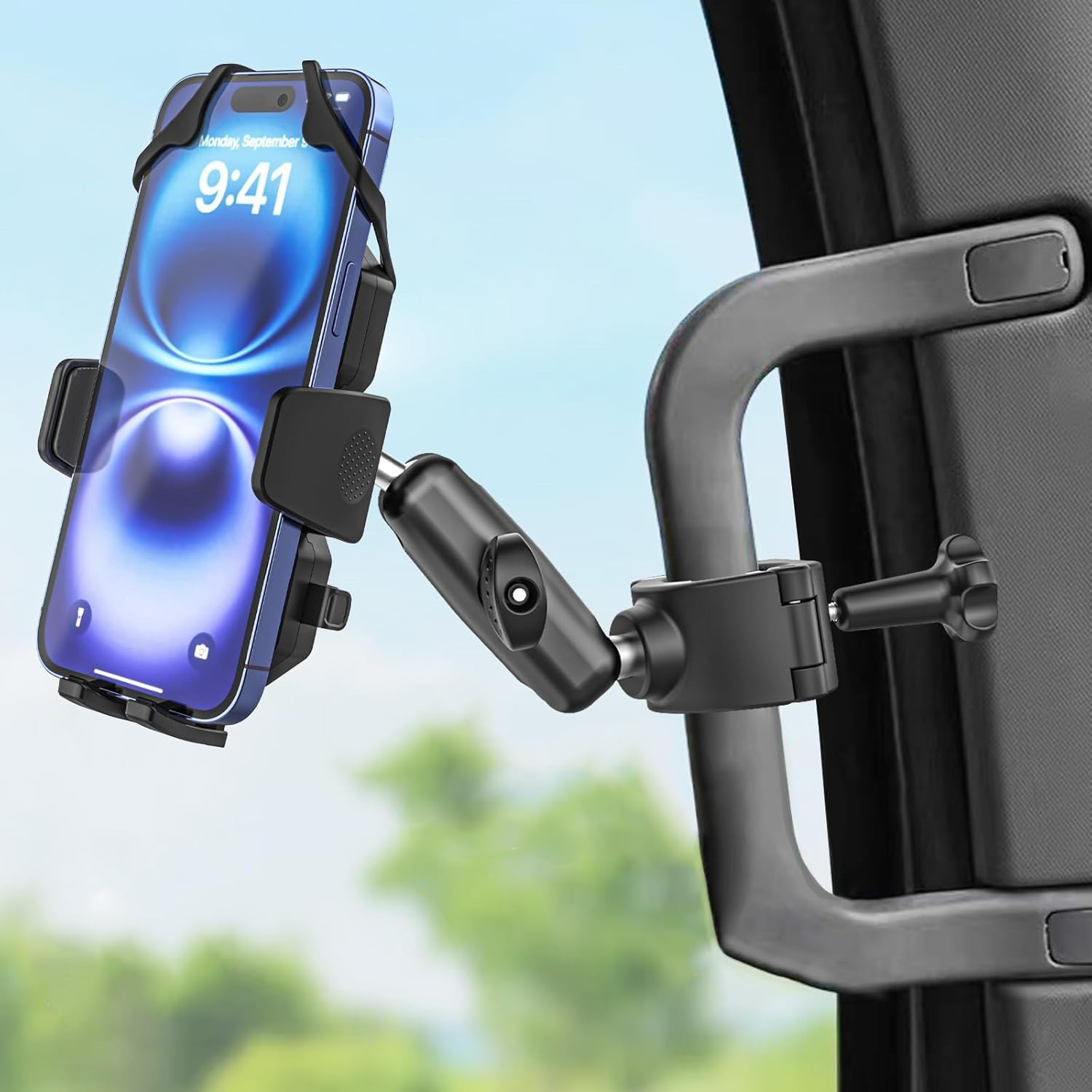 Supporto per telefono con maniglia per auto, [braccio in metallo resistente agli urti] Supporto universale per telefono per auto, camion, pick-up, SUV, furgone, escavatore, caricatore