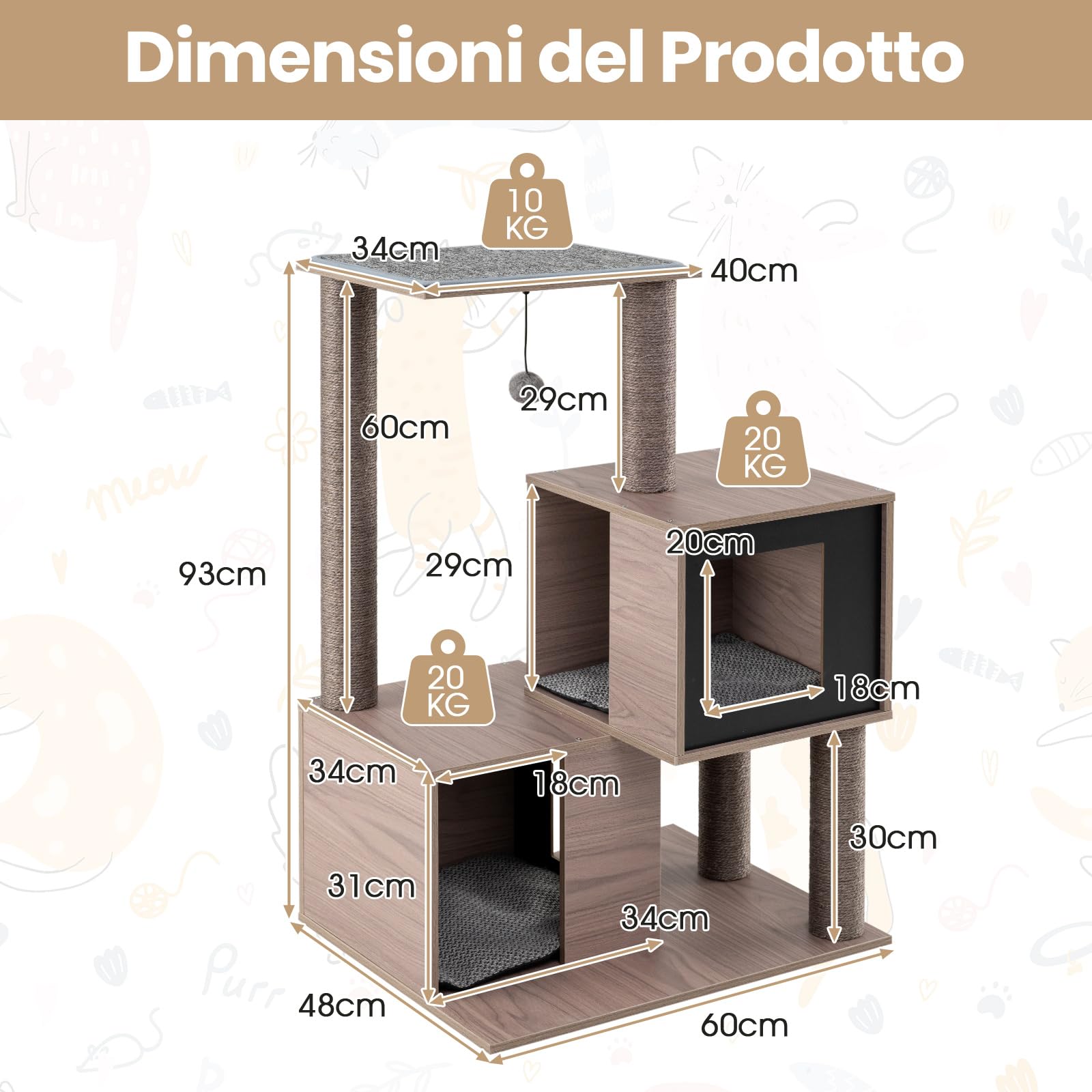 COSTWAY Tiragraffi per Gatti in Legno 94 cm con Sisal e Condo | Albero per Gatti da Interno con Posatoio, Gioco Appeso, Cuscini Rimovibili e Tappetino per Gatti Adulti e Cuccioli