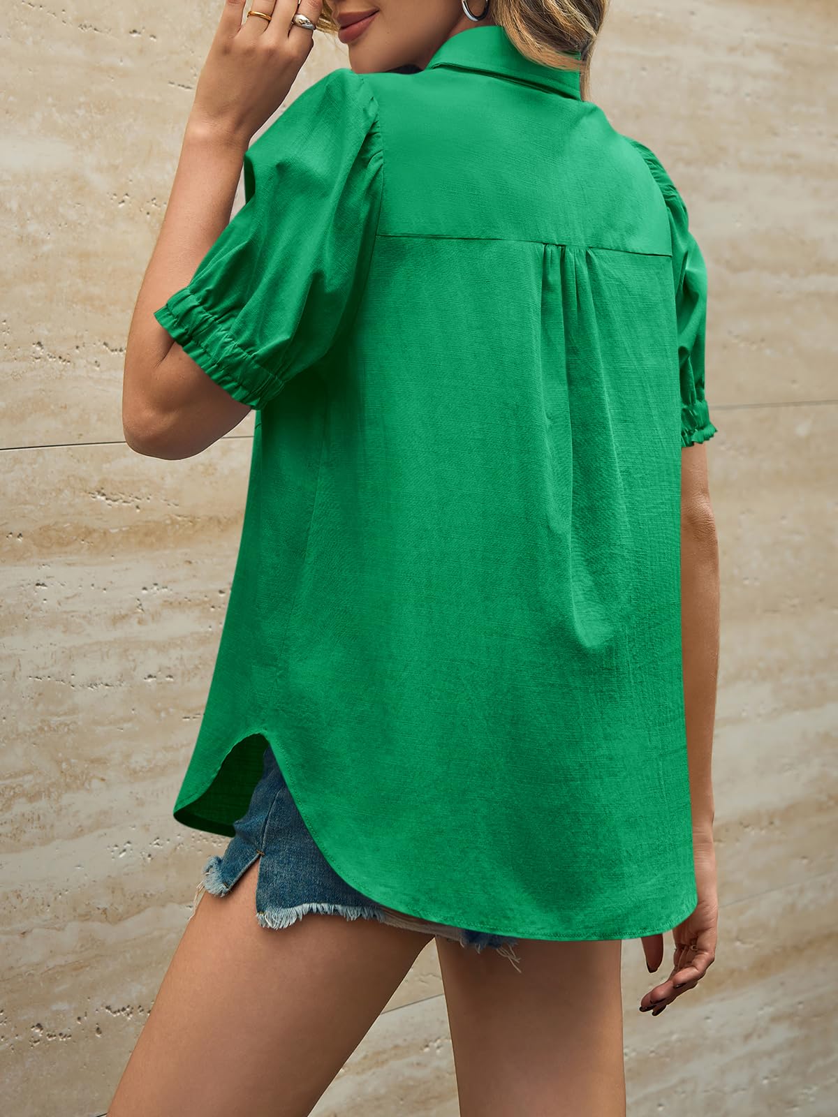 Cicy Bell Camicetta da donna a maniche corte a sbuffo, con bottoni, estiva, casual, con scollo a V, camicetta in lino vestibilità larga