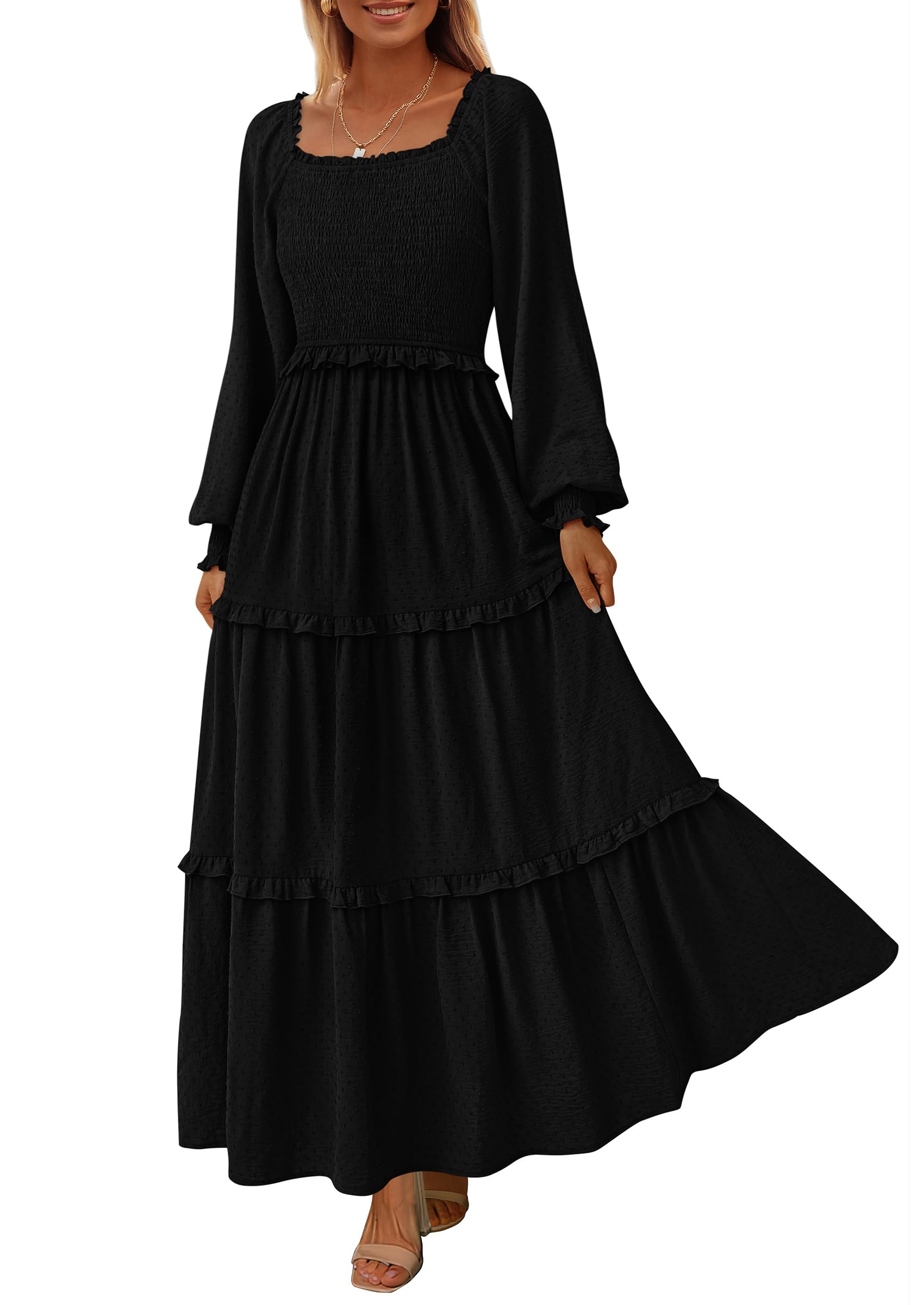 Prettygardenwomens Spring Long Sleeve Smocked Maxi Dress Casual