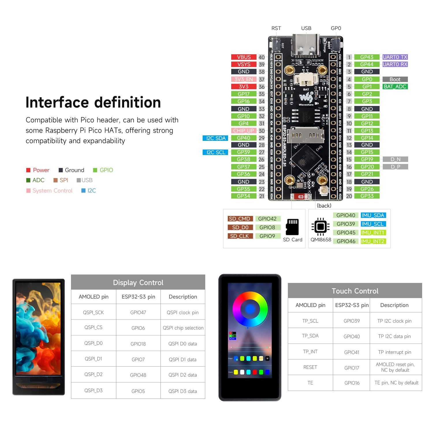 Waveshare ESP32-S3 1.91inch AMOLED Display Development Board, 240×536, 32-bit LX7 Dual-core Processor, Up to 240MHz Frequency, with Touch Function, with Pre-Solder Header